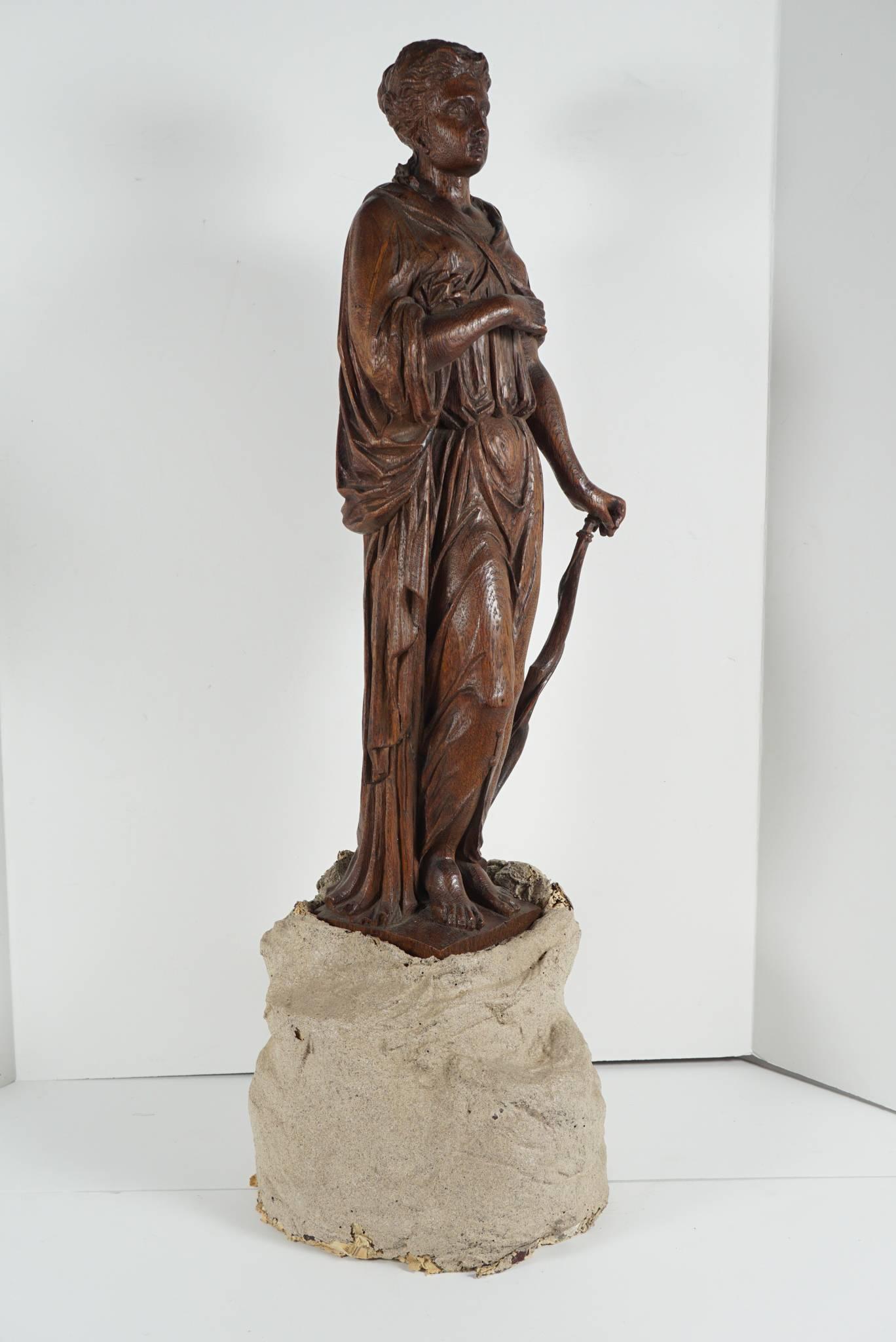  Late 19th Century Baroque Style Carved Oak Figure of Diana the Huntress In Good Condition For Sale In Hudson, NY