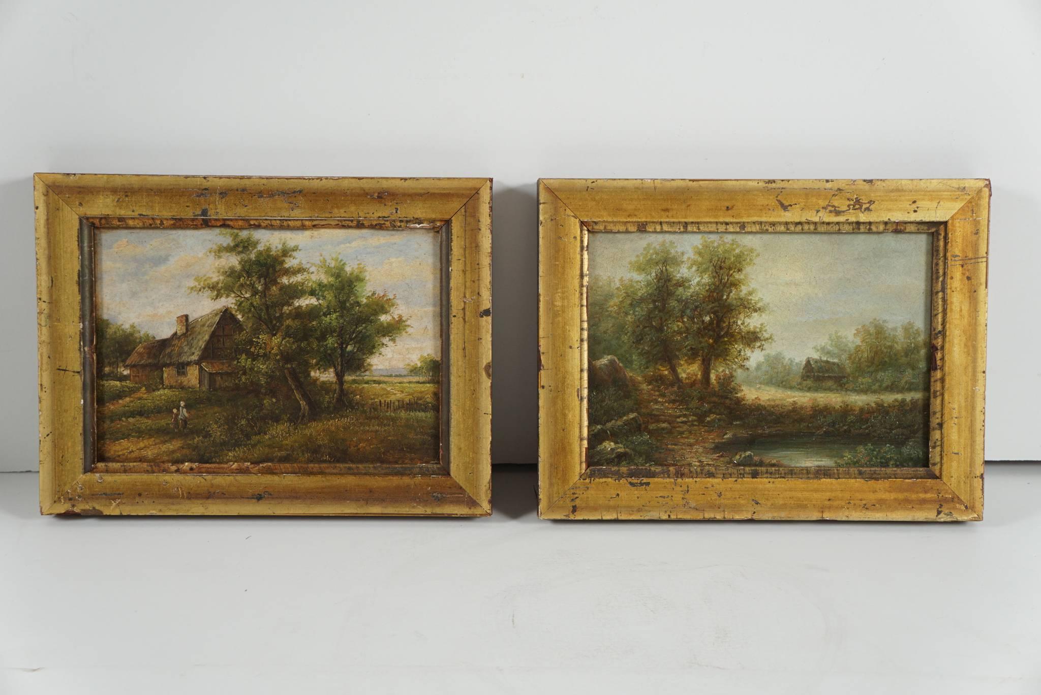 These bucolic scenes of rural living and farm life probably come from German or Austrian painters and are most likely meant to be a pair, circa 1850-1860. The works are very detailed but painted using the qualities of the brush, not the formalized