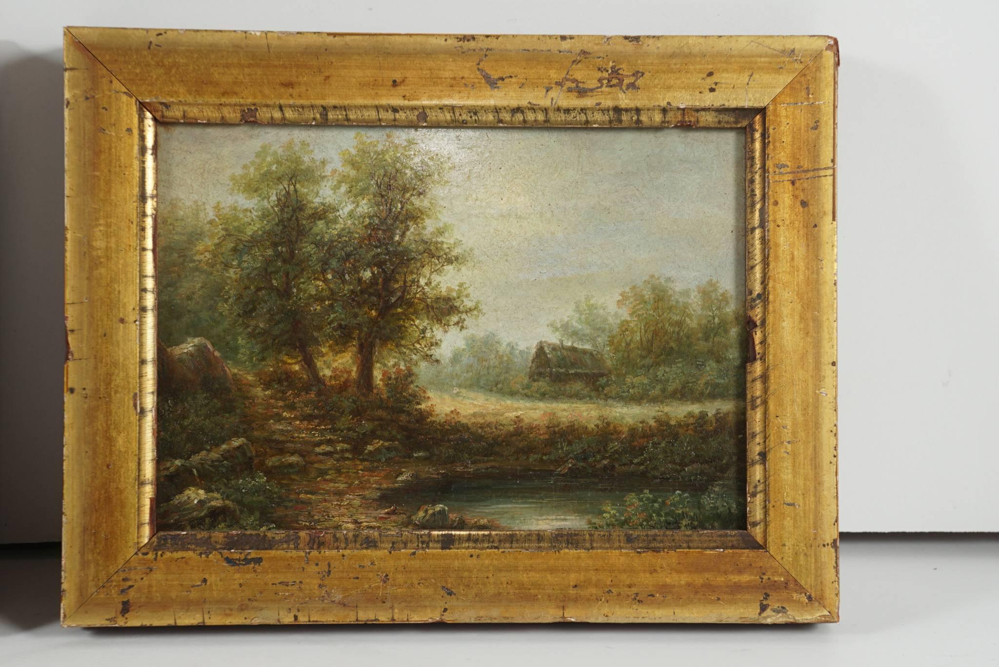 Sculpté Paire de petites peintures à l'huile européennes sur panneau du milieu du XIXe siècle en vente