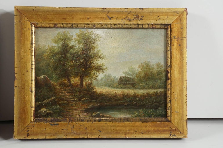 Carved Pair of Small Mid-19th Century European Oil Paintings on Panel For Sale