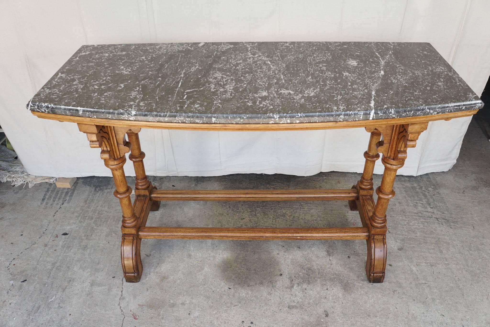 Gothic Revival Pair of 19th Century English Reform Gothic Oak Marble Topped Console Tables