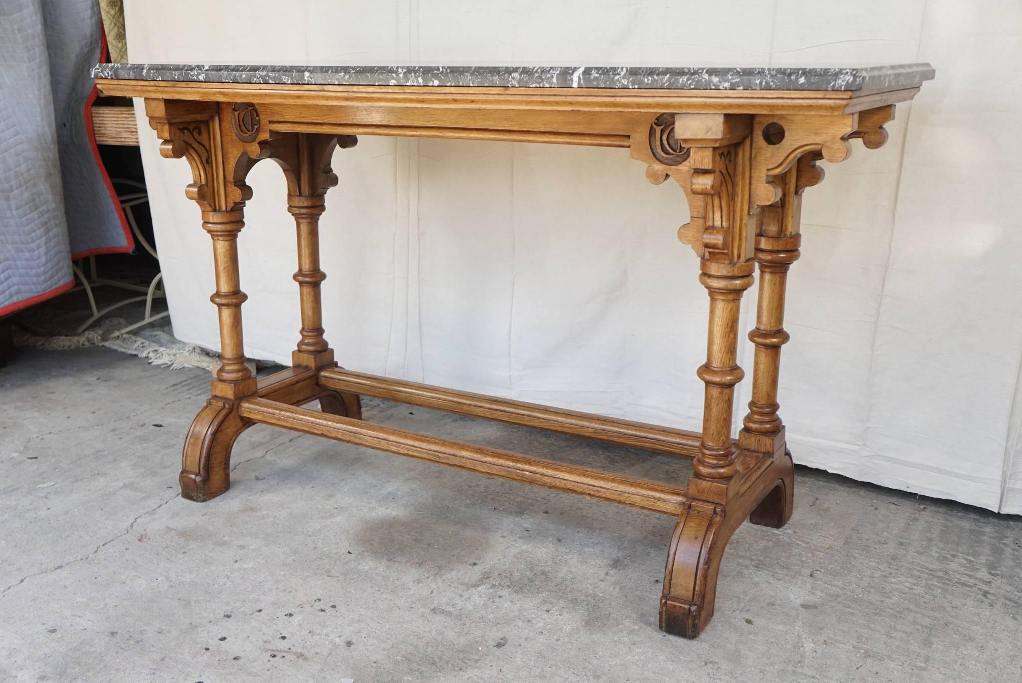Pair of 19th Century English Reform Gothic Oak Marble Topped Console Tables 6