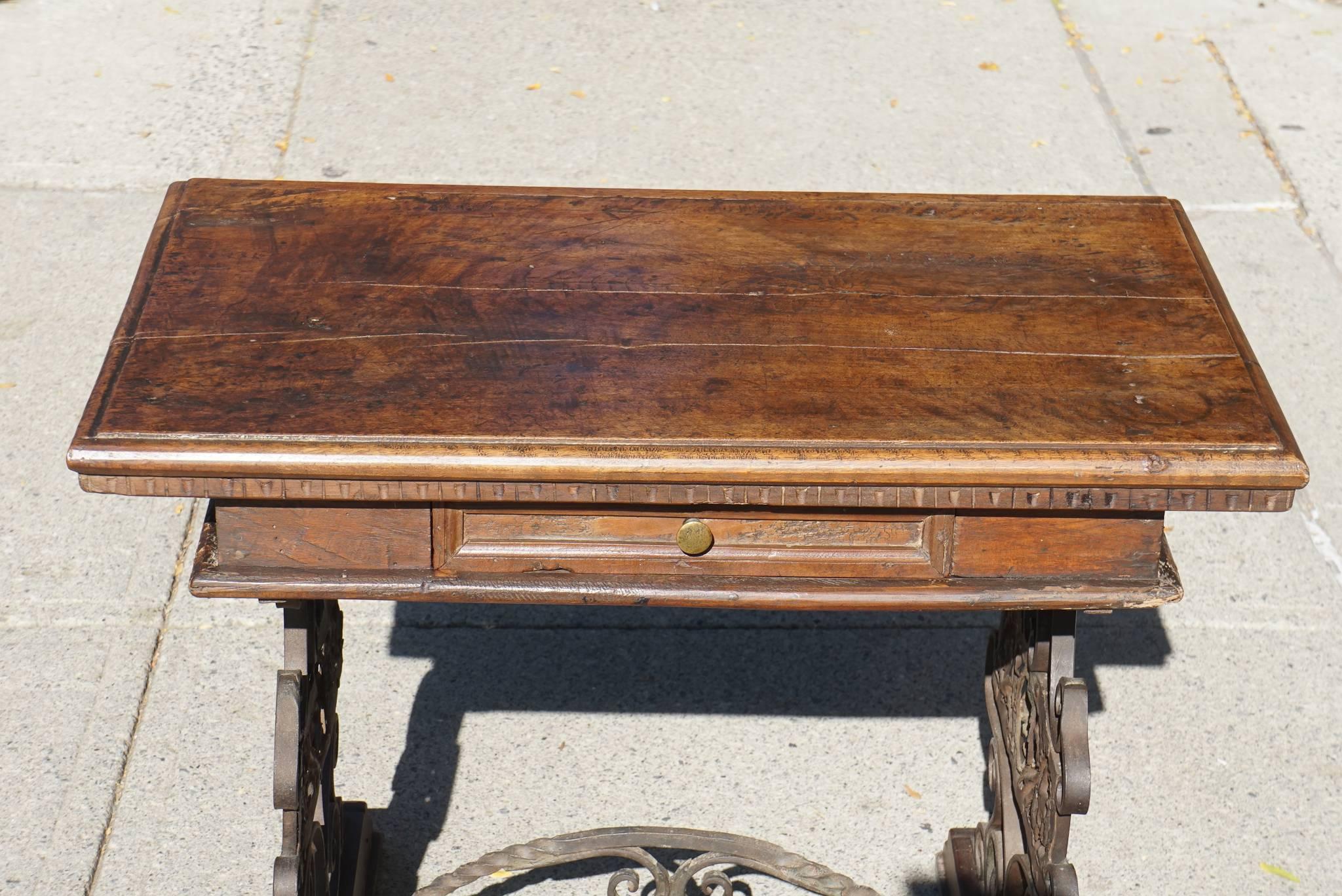 Carved  Late 19th Century Italian Walnut and Hand-Wrought Iron Low Table For Sale