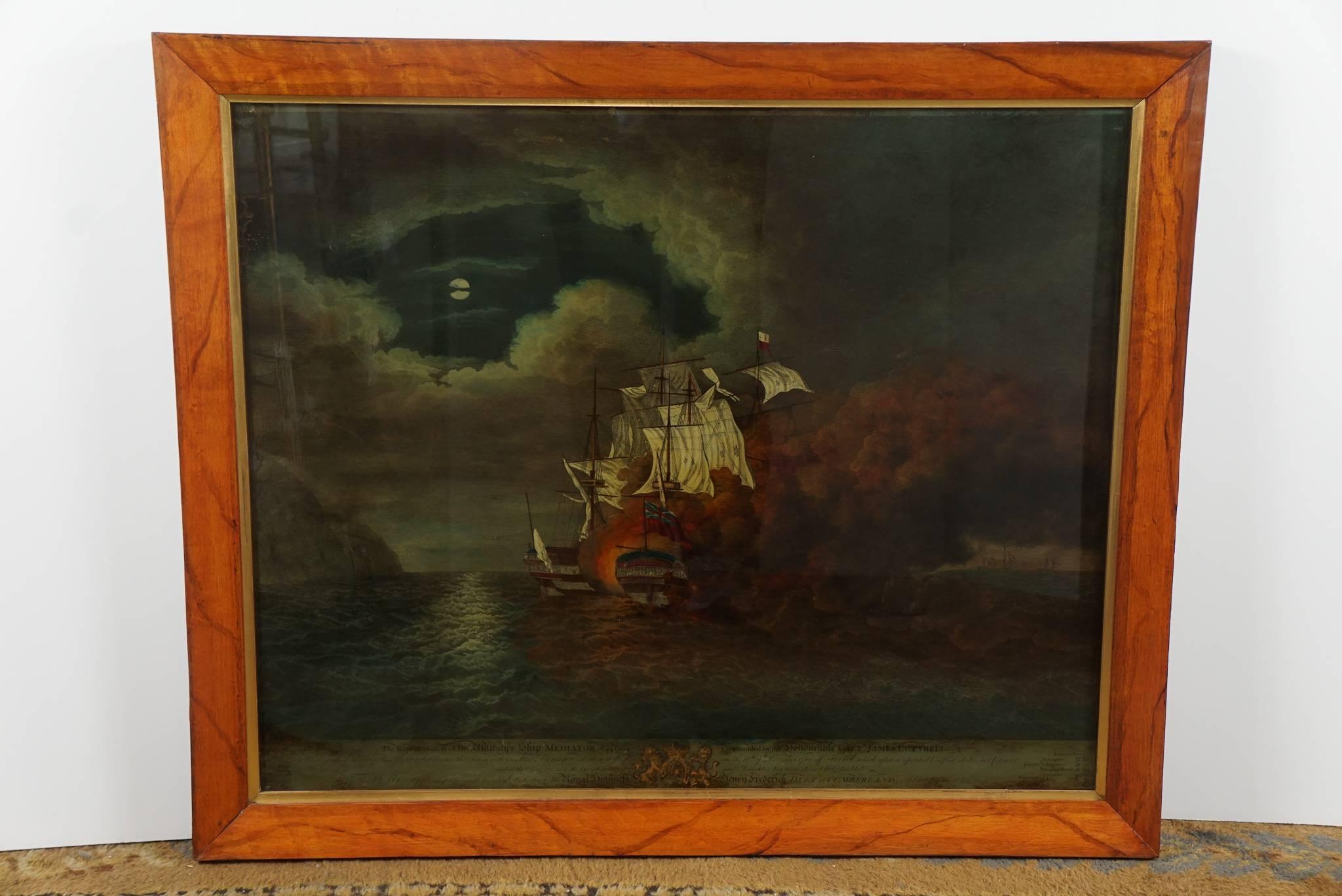 This nice pair of similar paintings on glass are done in a manner resembling colored engravings but are in fact reverse paintings on glass. Taken from 18th century engravings of English battles at sea and done in the late 19th century they are in