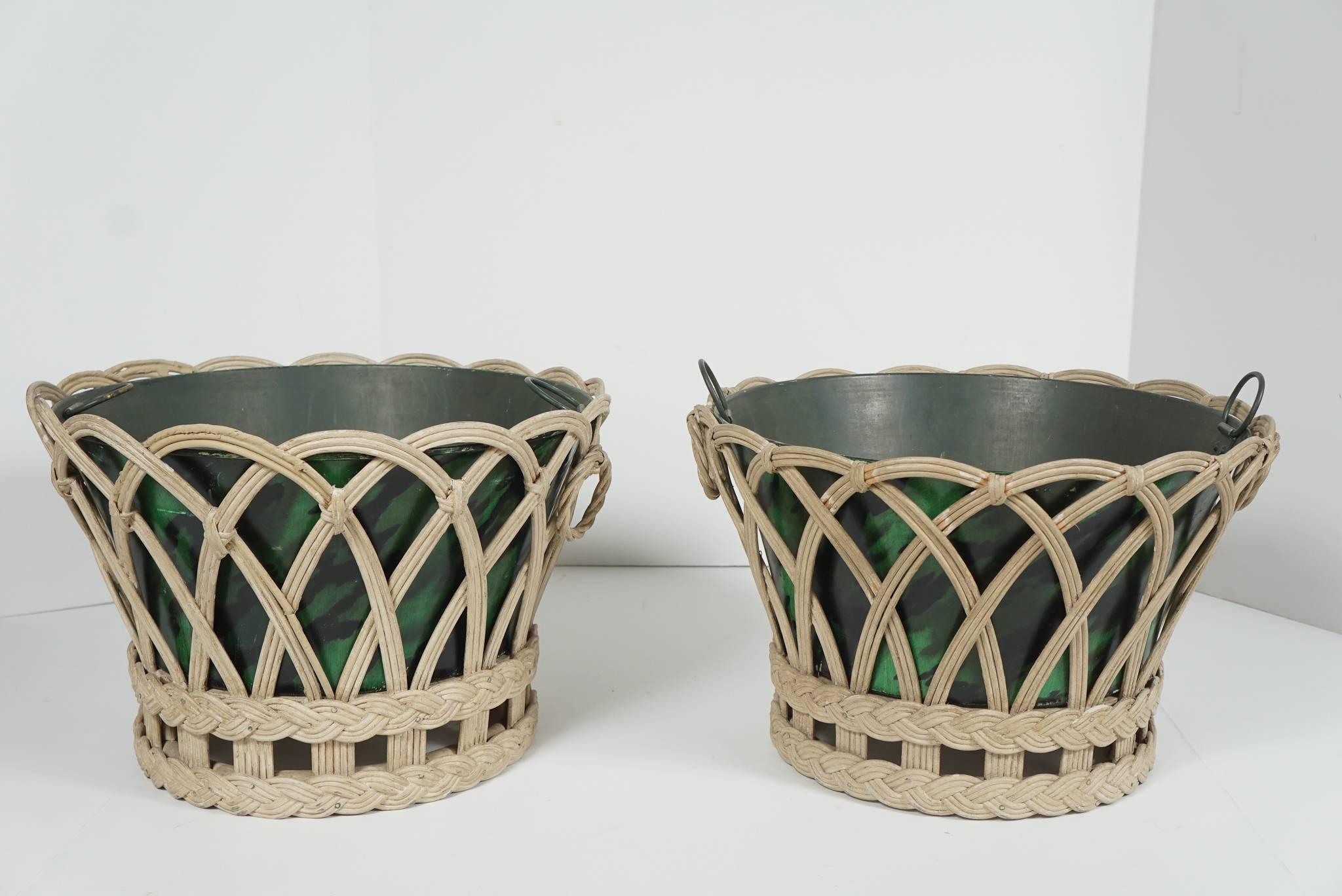 This lovely pair of vintage tole and wicker planters were once part of the Virginia estate known as Oak Springs Farms which belonged to Paul & Bunny Mellon. Mrs Mellon was well known for her interest and support of floral and Horticultural endevers