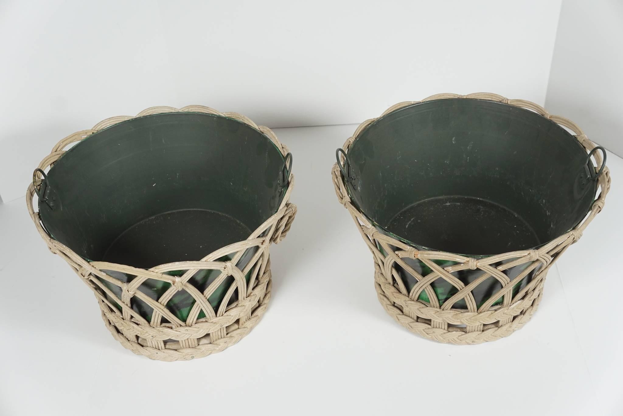 Painted Pair of Vintage Wicker and Tole Planters from Estate of Paul & Bunny Mellon  