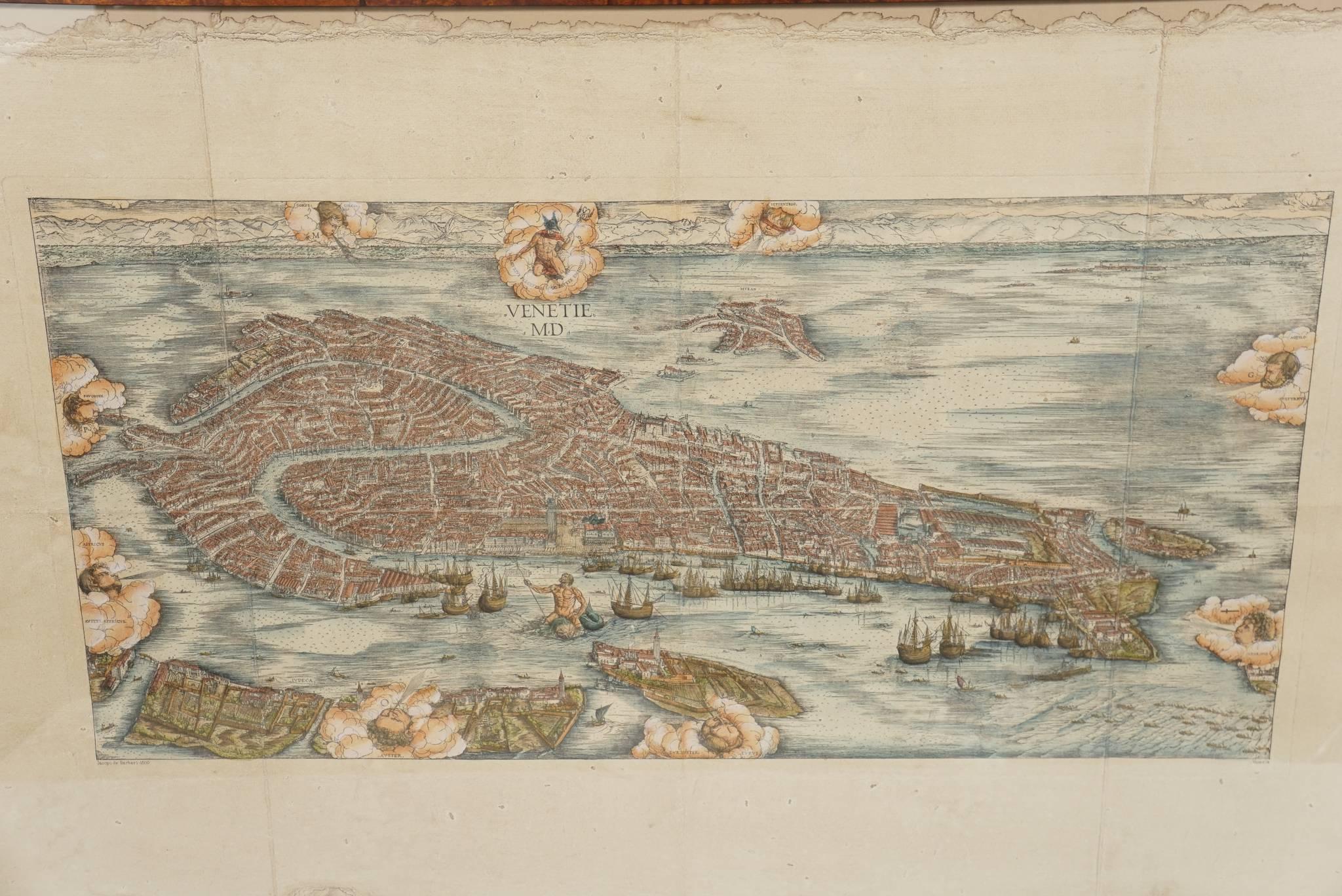 This lively and colorfully engraving of Venice is hand water colored. This printing is a late 18th century version newly framed with exposed margins showing the papers edge and plate marks. This map, famous from its first publication in 1500, is one