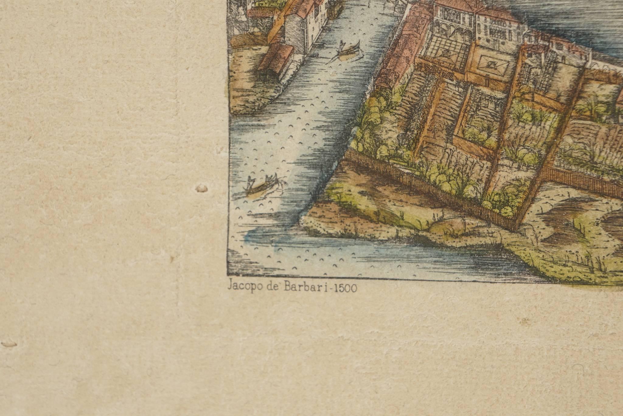 Painted Hand-Colored 18th Century Printing of Jacopo De Barbari's Map of Venice 