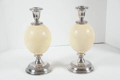 Unusual Pair of Edwardian Sheffield Silver Plate and Ostrich Egg Candlesticks