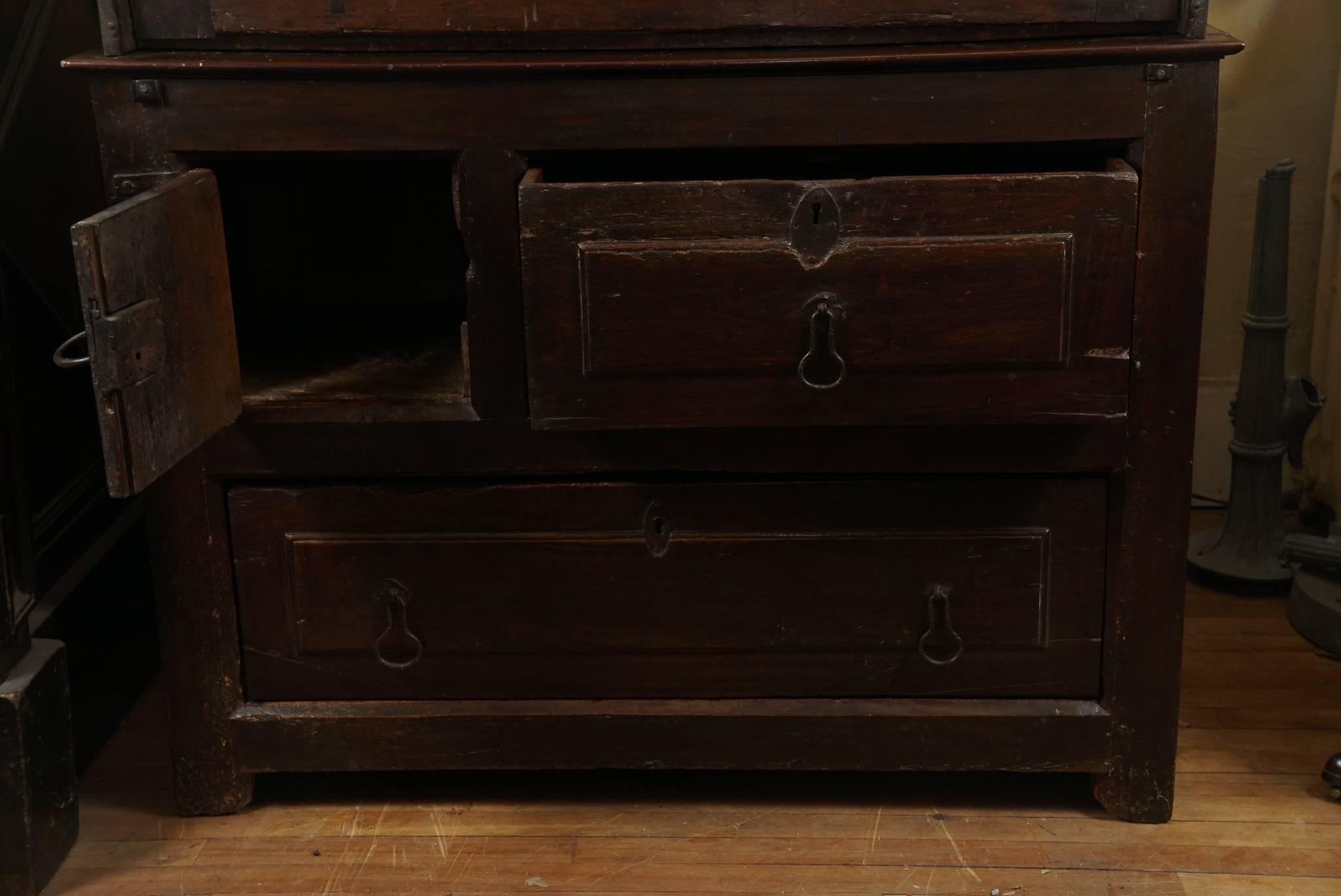 Mexican 18th Century Spanish Colonial Vargueno Set on a 19th Century Mission Chest For Sale