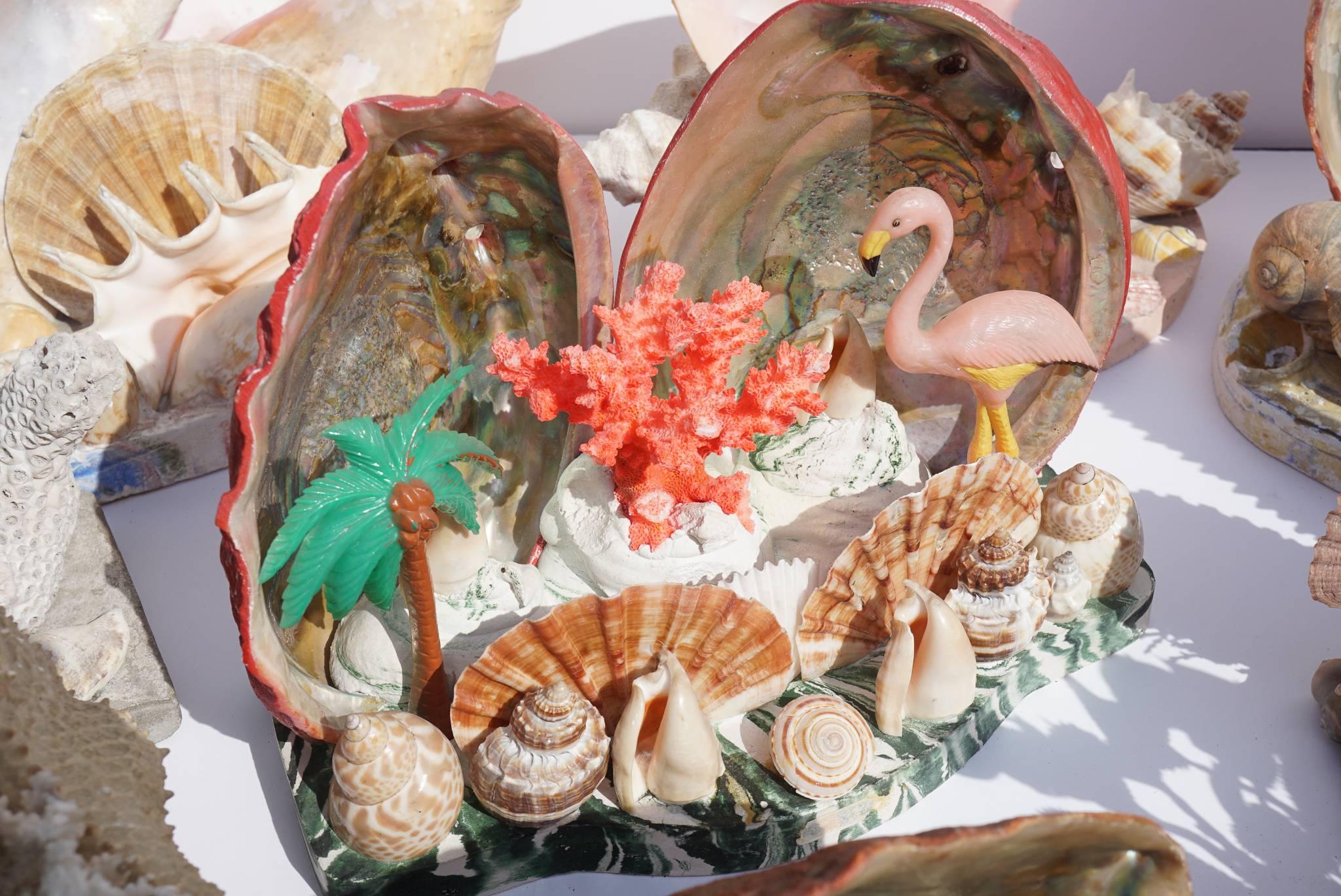 Outsider Art Collection of 30 Vintage Shell, Coral and Plastic Sea Side Souvenir Sculptures
