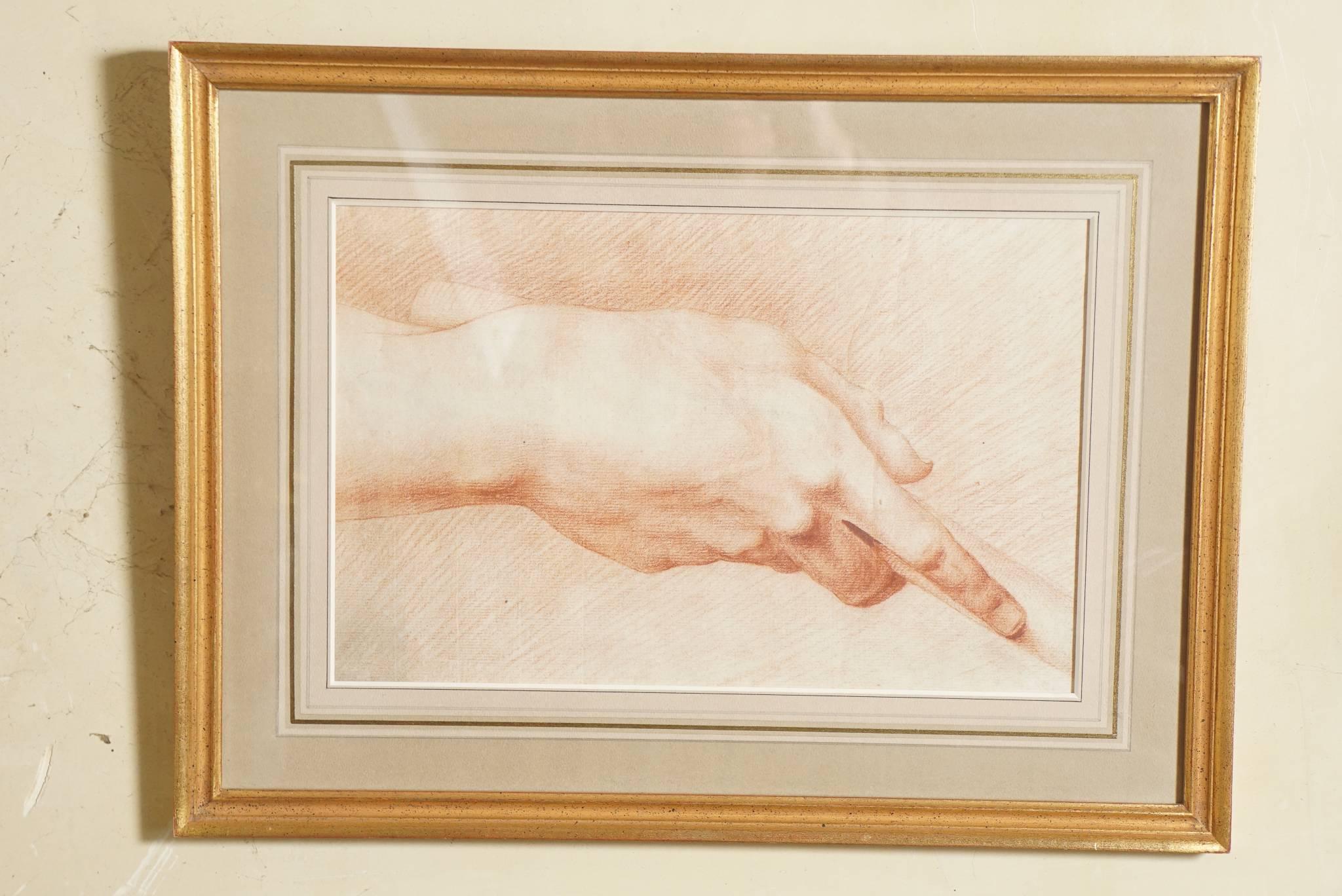 Diese sehr schöne Zeichnung in Sanguine stammt aus dem frühen 19. Jahrhundert. Es handelt sich um eine vorbereitende Skizze zu Komposition, Muskulatur und Schatten. Das Werk ist unsigniert, aber wir haben vier Zeichnungen von derselben Hand, die aus