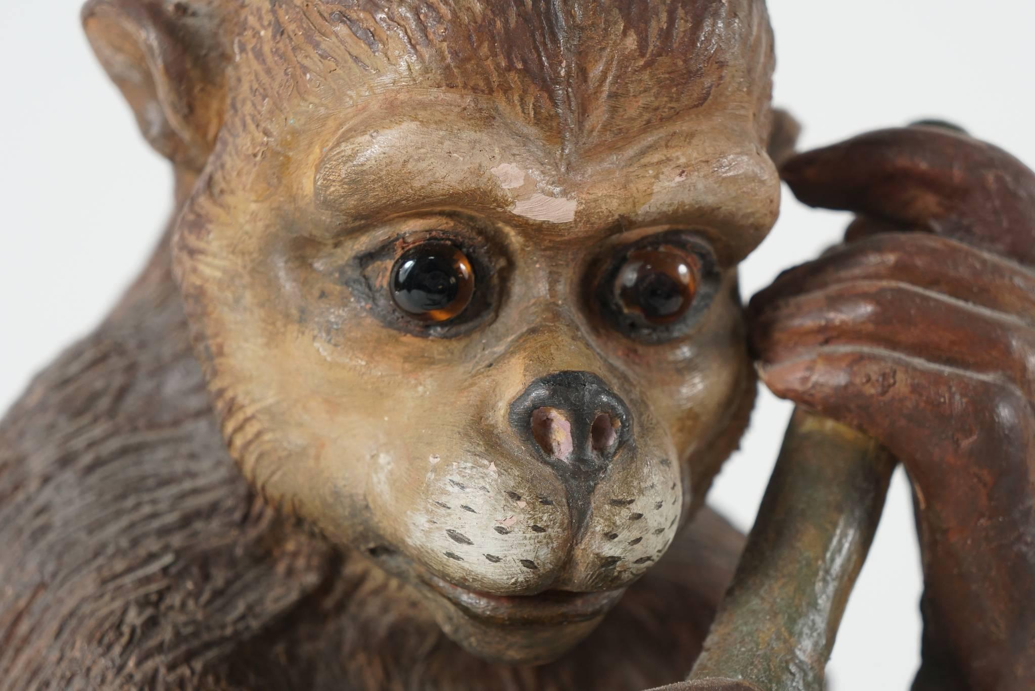 Victorian 19th Century French Painted Terracotta Monkey Sculpture with Inset Glass Eyes