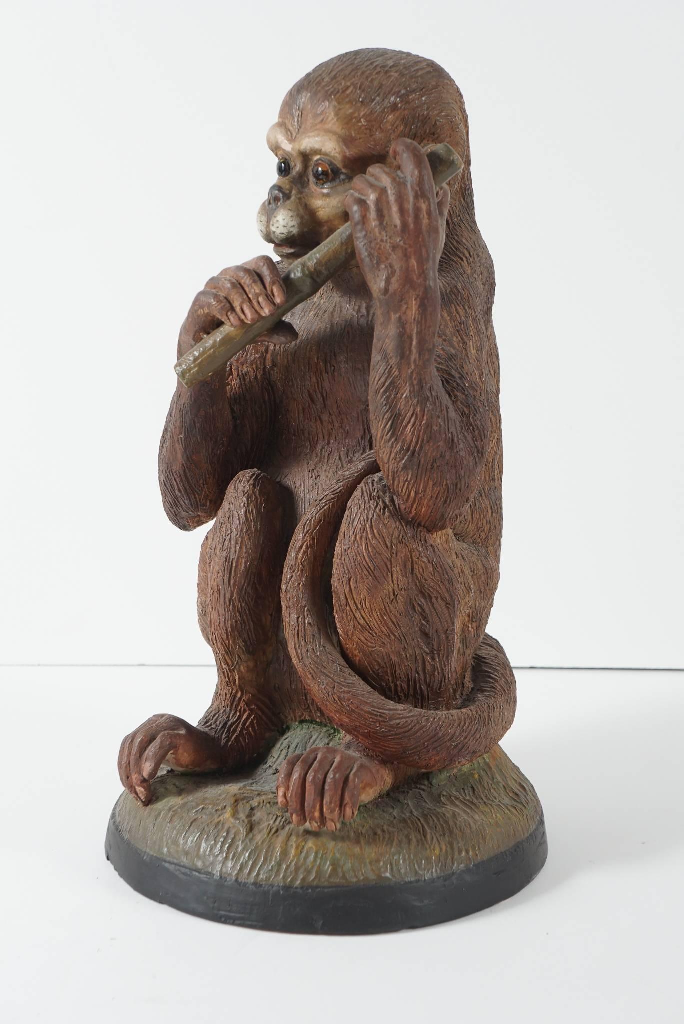 Carved 19th Century French Painted Terracotta Monkey Sculpture with Inset Glass Eyes