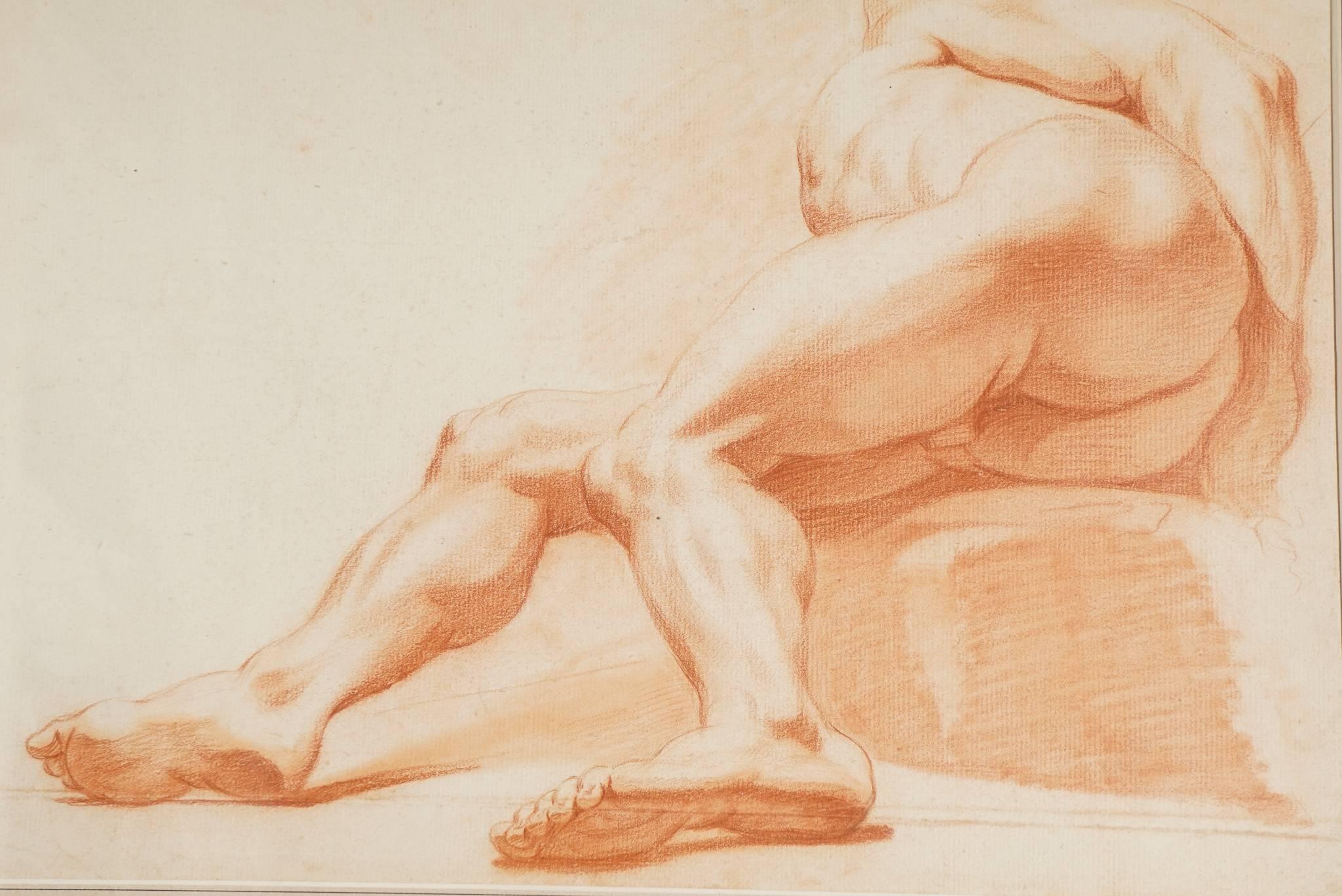 This fine sanguine drawing is French and from the early 19th century. Created as a study for a finished work the drawing is done to confirm the composition form, musculature, shadow lines and perspective nature of the figure. Technically a