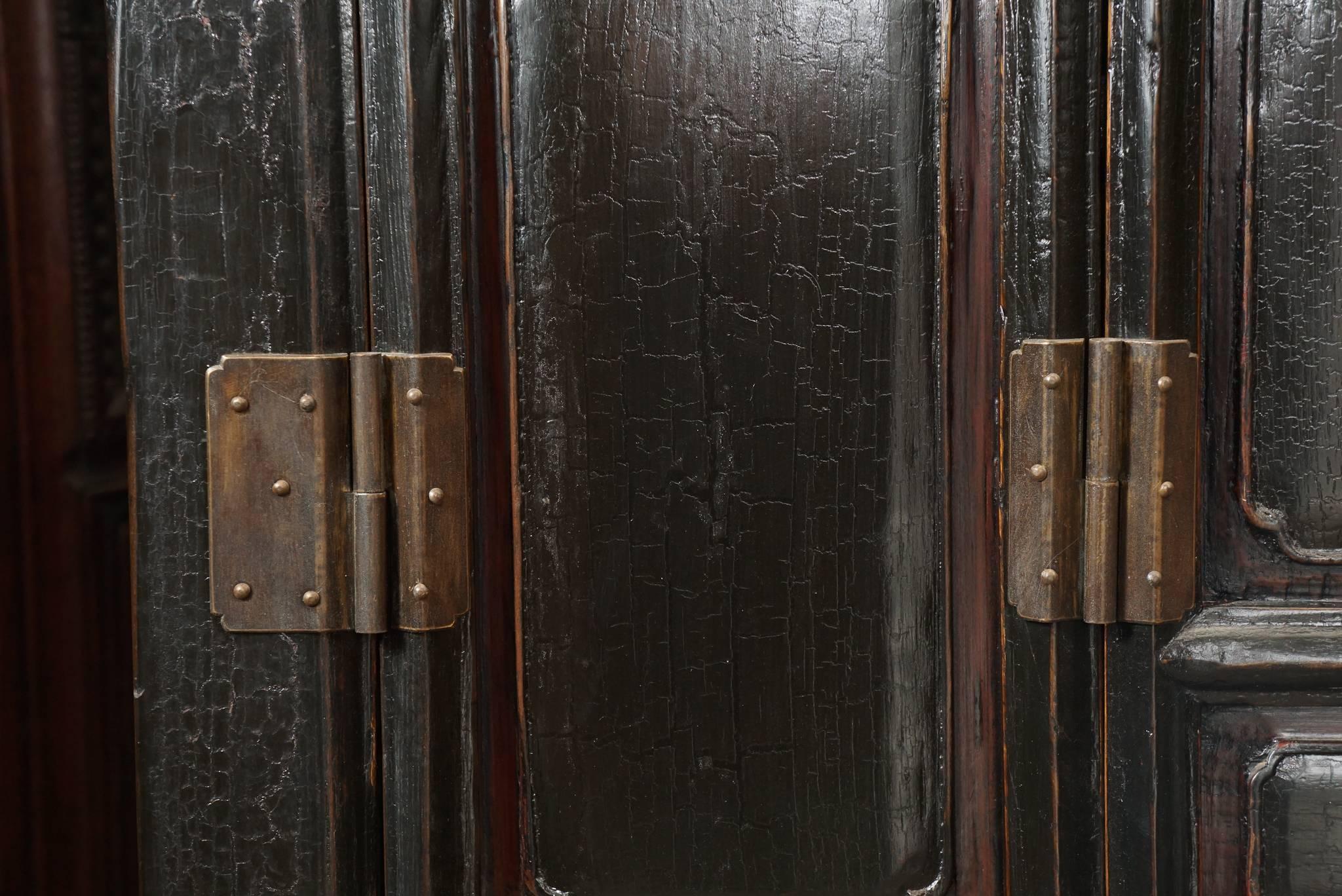 Ming Large Late 19th Century Chinese Black Lacquer Two-Door Cabinet with Drawers