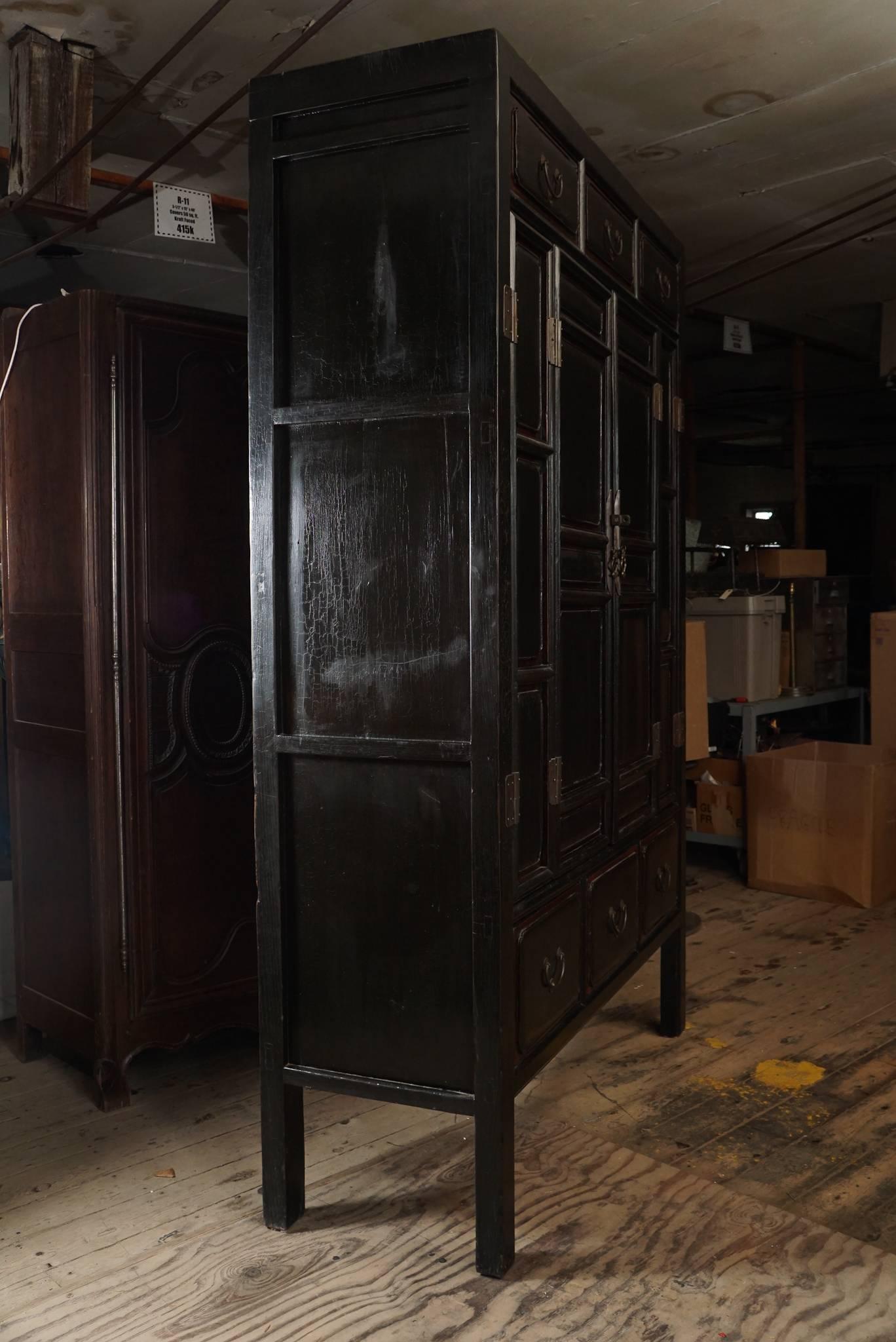 Large Late 19th Century Chinese Black Lacquer Two-Door Cabinet with Drawers 1