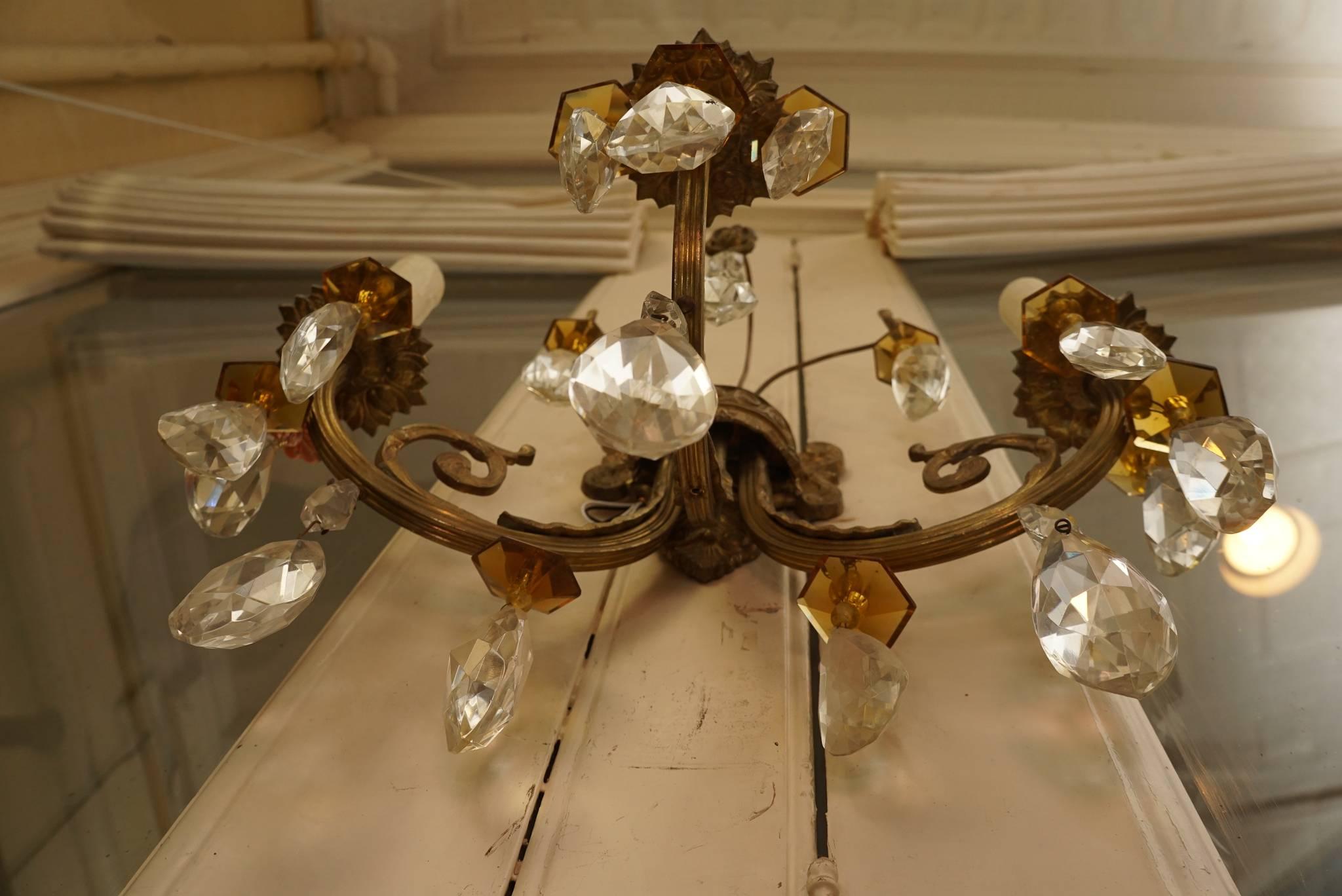 Cast Pair of Louis XV Style French Bronze and Crystal Three-Light Sconces