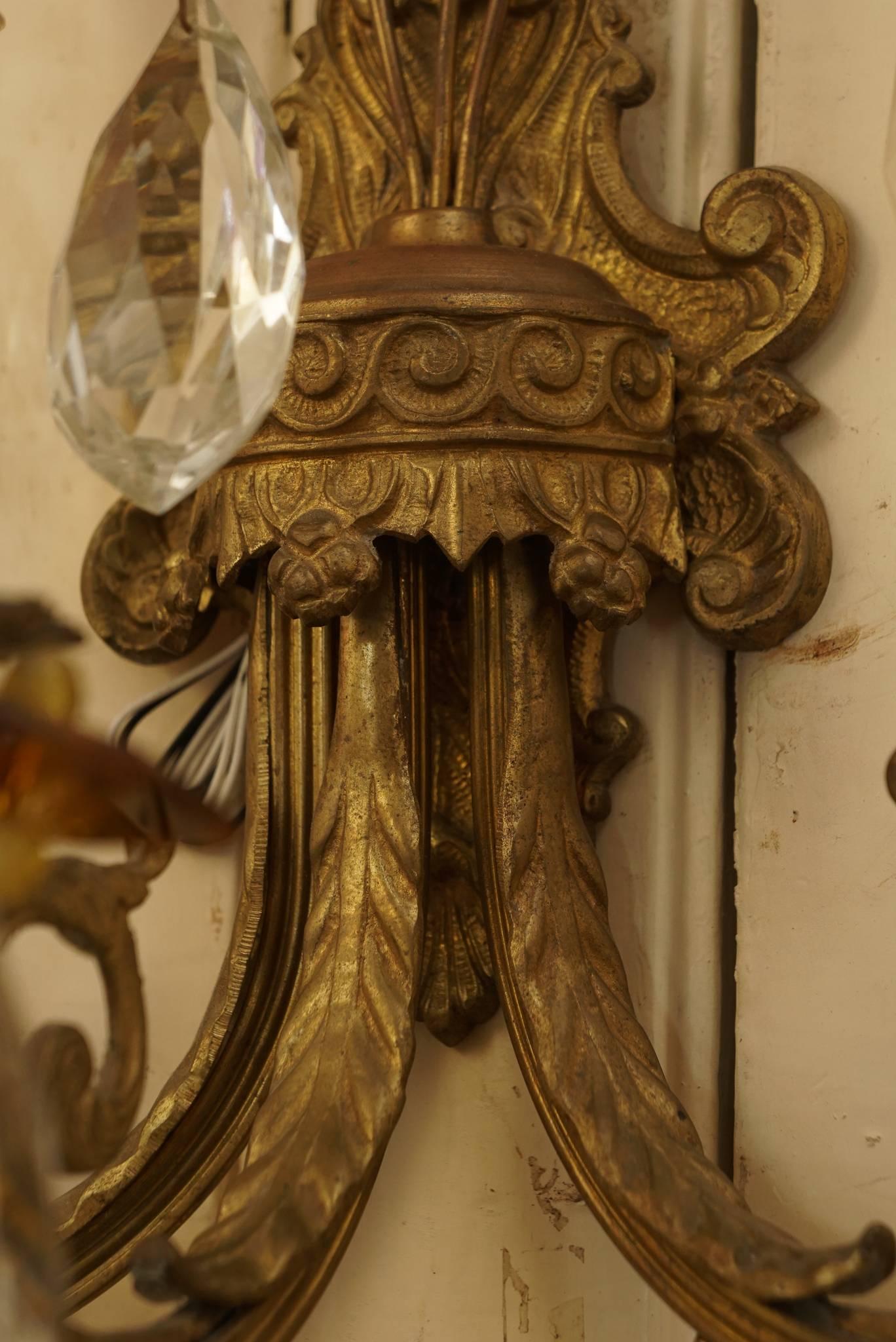 Pair of Louis XV Style French Bronze and Crystal Three-Light Sconces In Good Condition In Hudson, NY