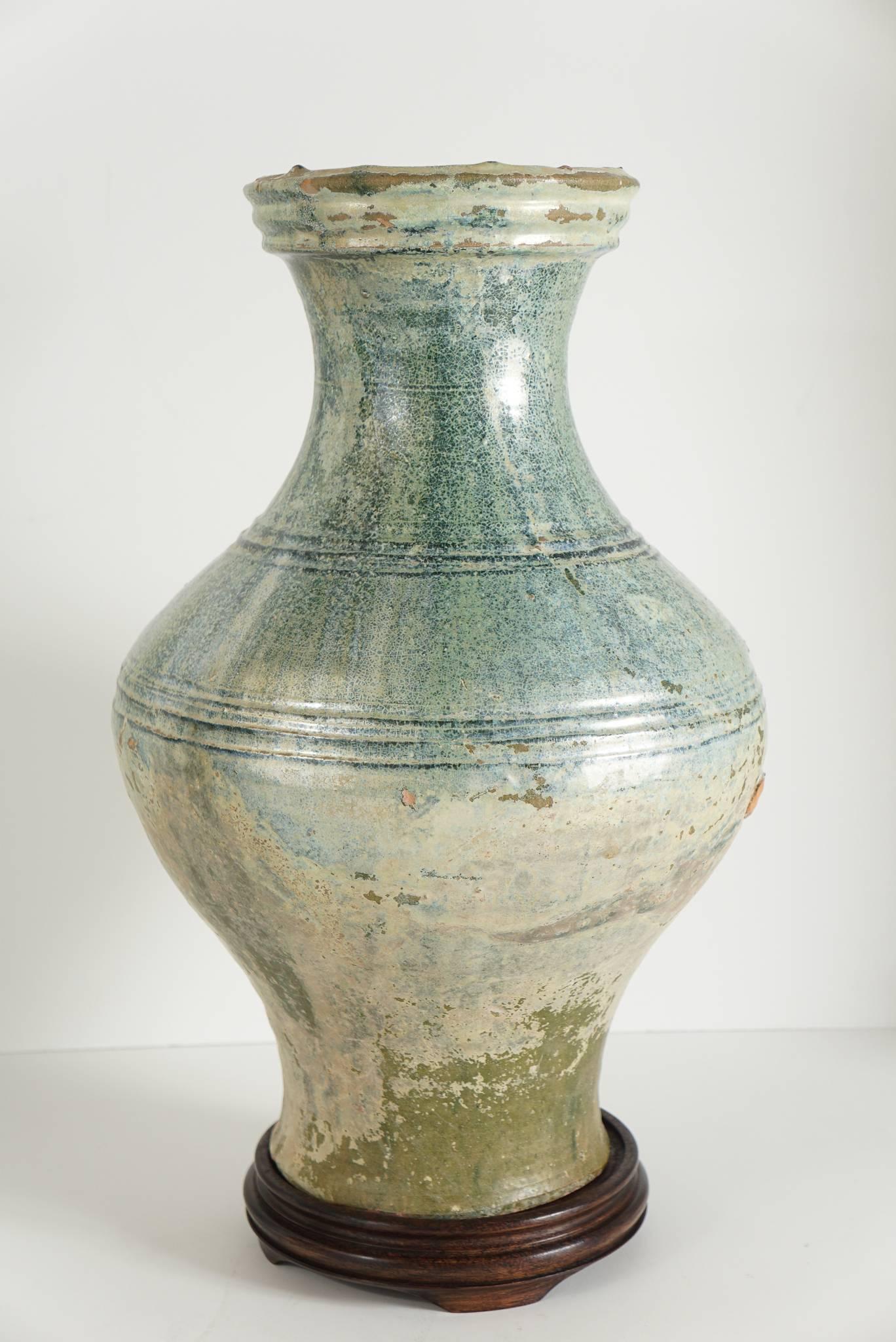 Large Han Iridescent Green Glazed Pottery Vase 1