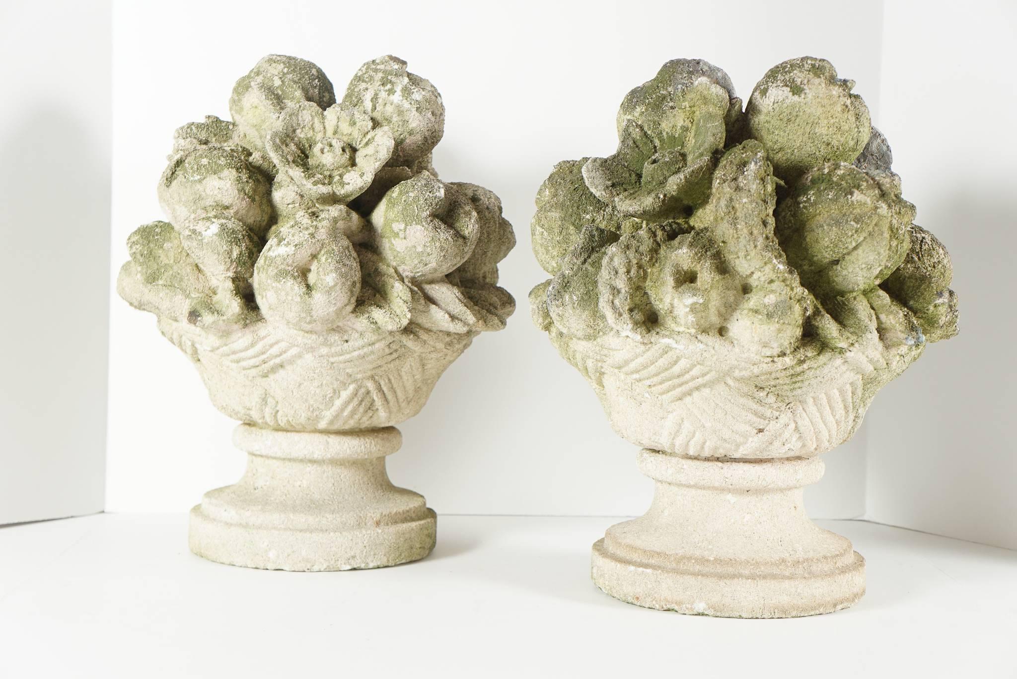 Pair of Vintage Carved Tuffa Stone Flower and Fruit Baskets 2