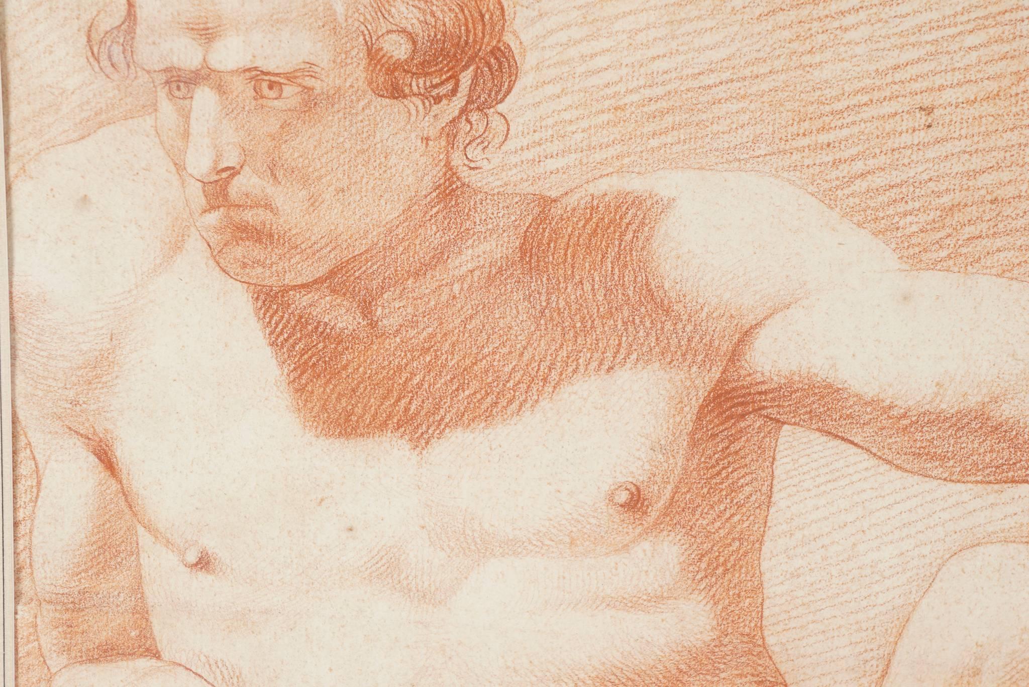 This fine drawing while unsigned is an excellent example of sketch work done in sanguine as preparatory work for large finished paintings. Created in France during the days of artist such as David the command of the medium show the hand of a master.