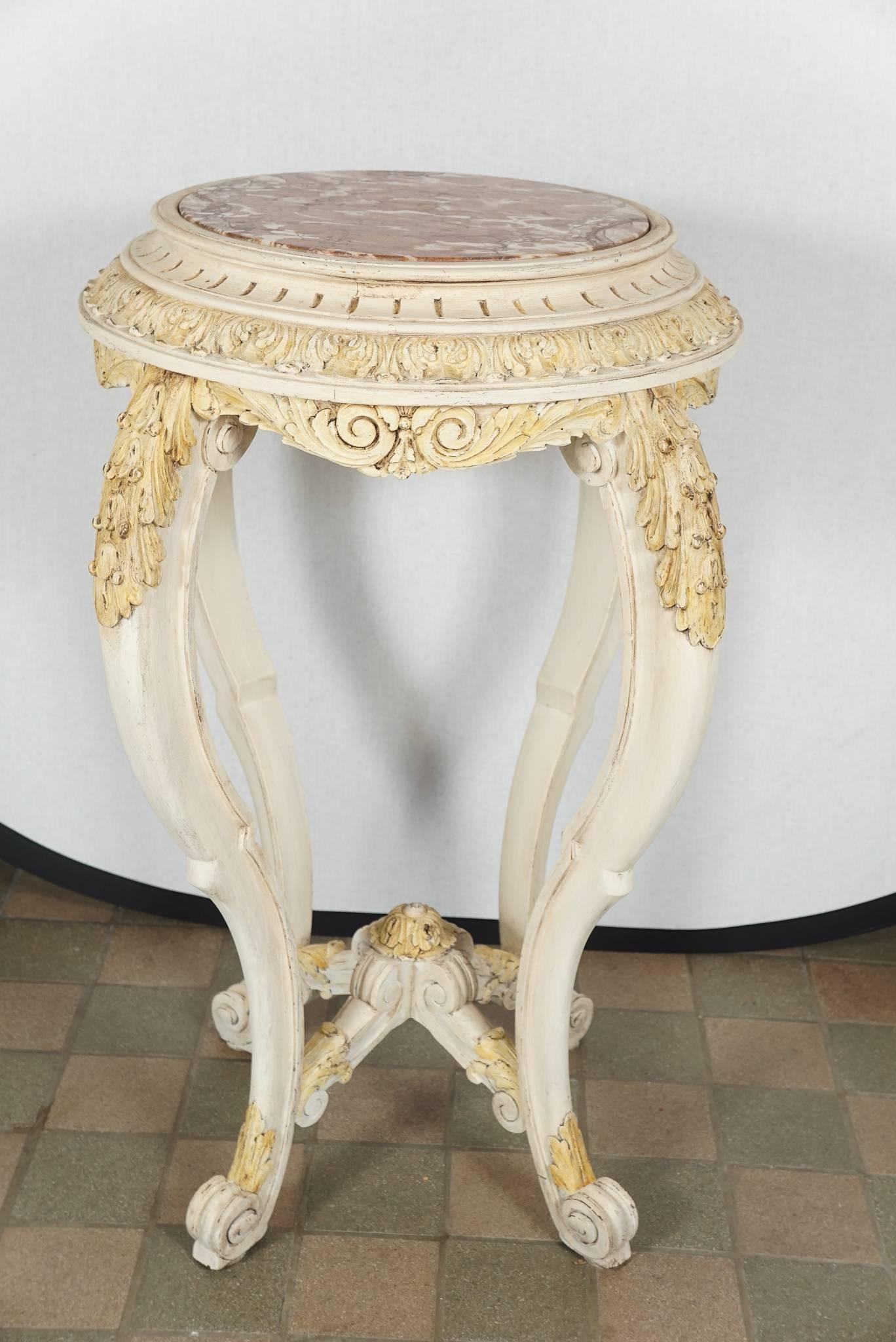 Pair Late 19th C.Louis XV style  Carved & Painted Wood, Marble Topped Guéridon In Good Condition For Sale In Hudson, NY