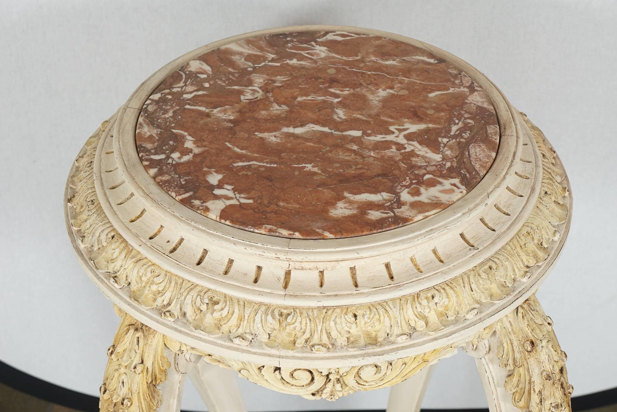 19th Century Pair Late 19th C.Louis XV style  Carved & Painted Wood, Marble Topped Guéridon For Sale