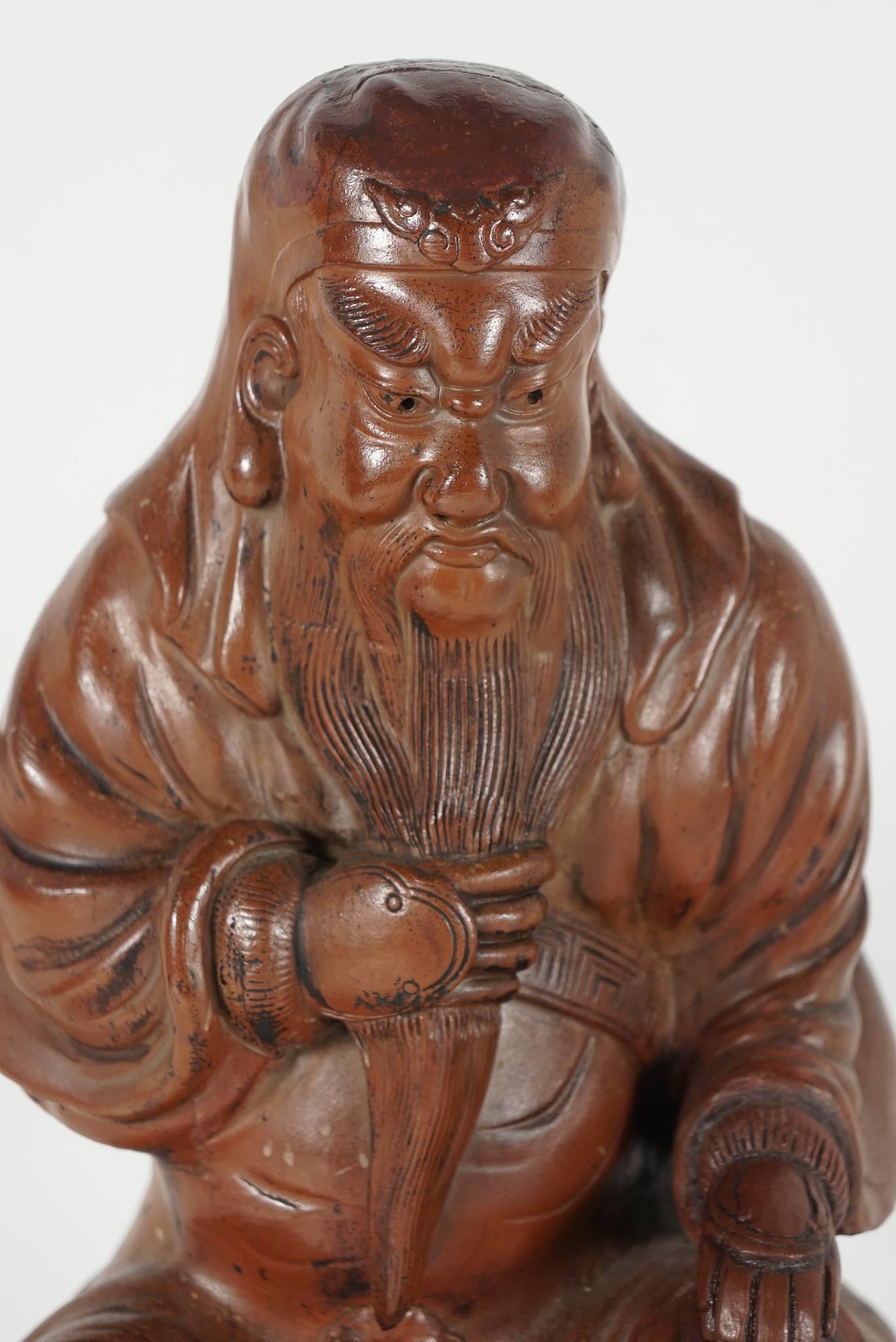 Late 19th Century Chinese Glazed Terracotta Seated Luohan Figure In Good Condition For Sale In Hudson, NY