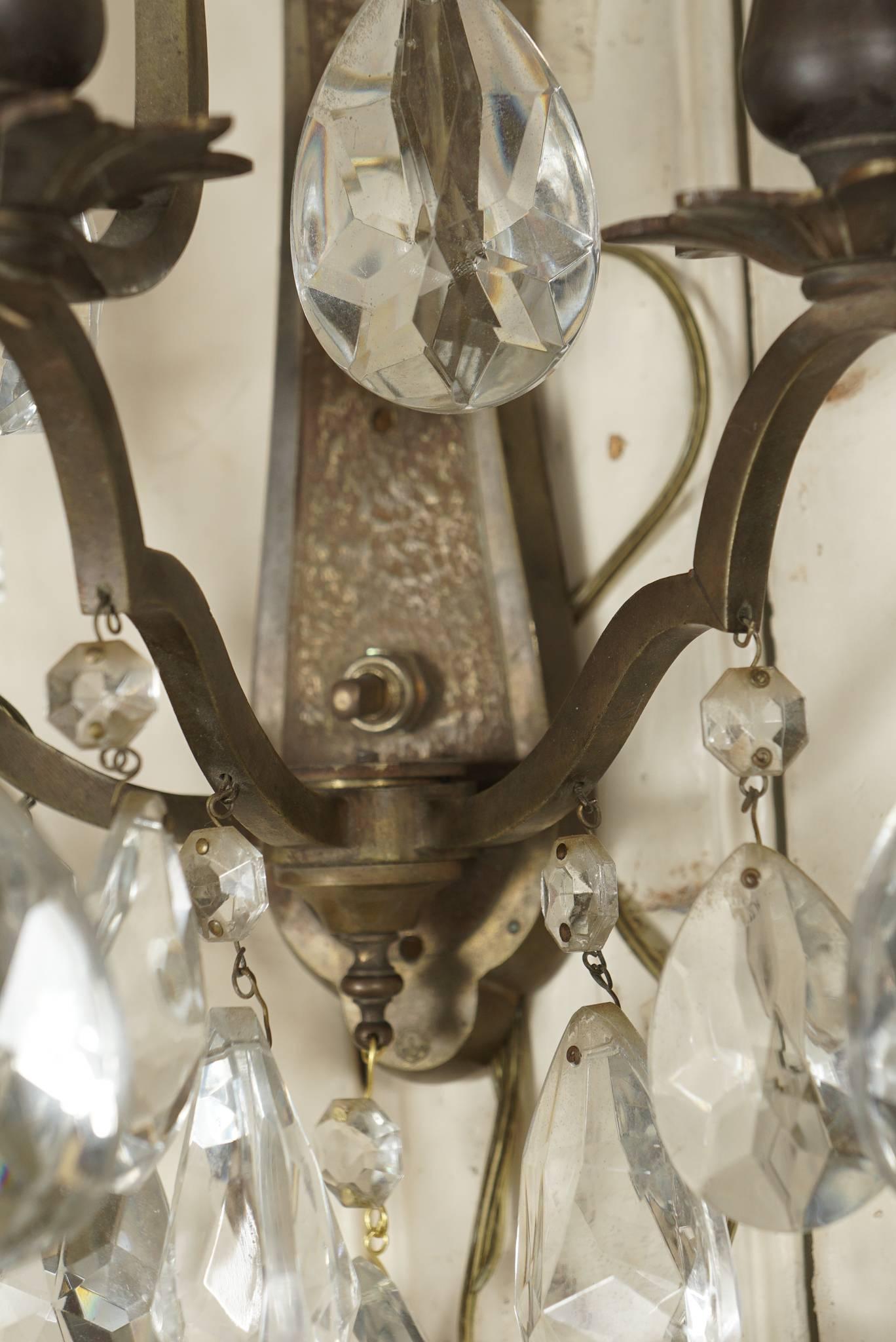 Vintage Pair of Bronze and Cut Crystal Louis XV Style Three-Light Sconces In Good Condition In Hudson, NY