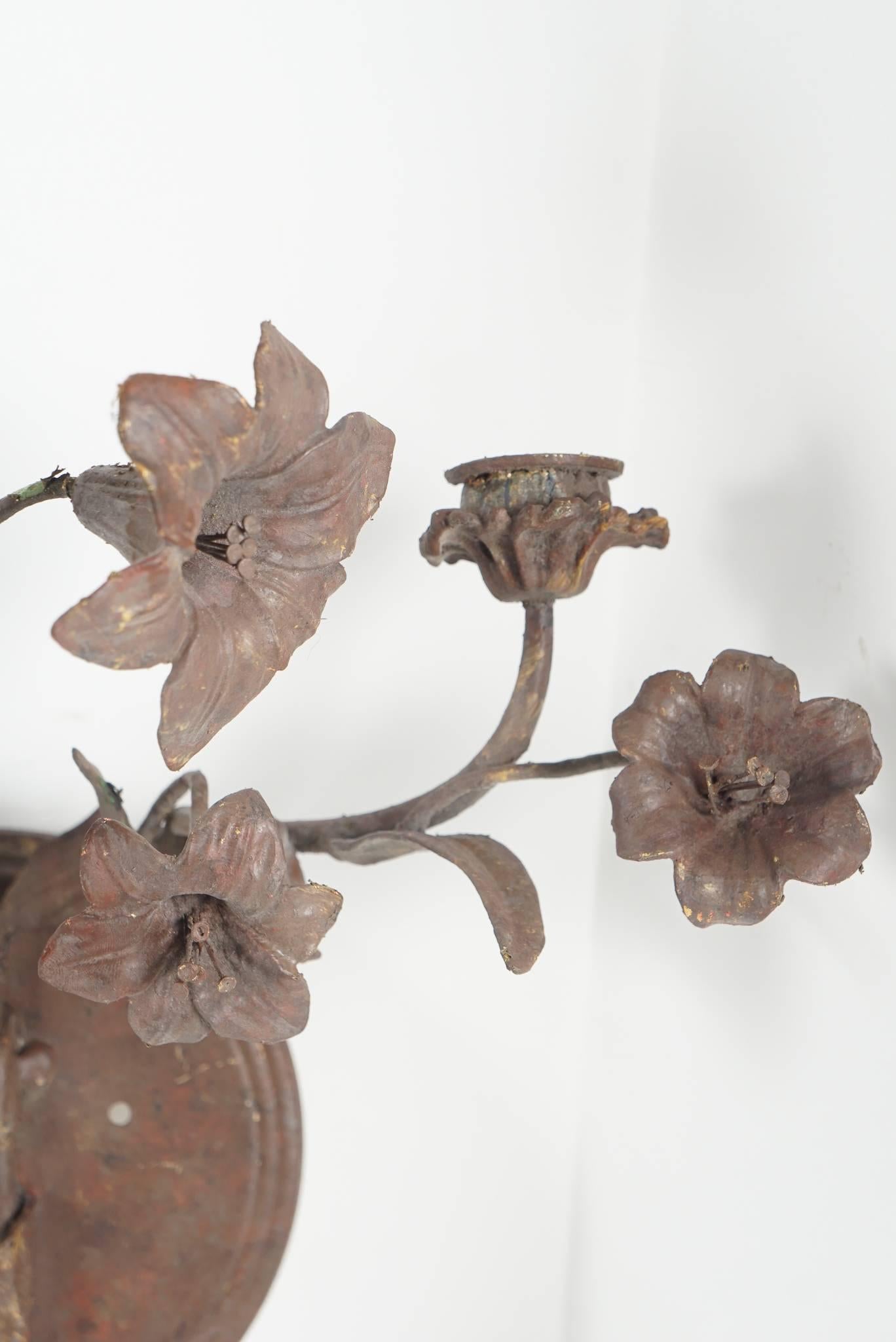 19th Century Three-Light Tole Peinte French Floral Sconces from the Estate of Bunny Mellon