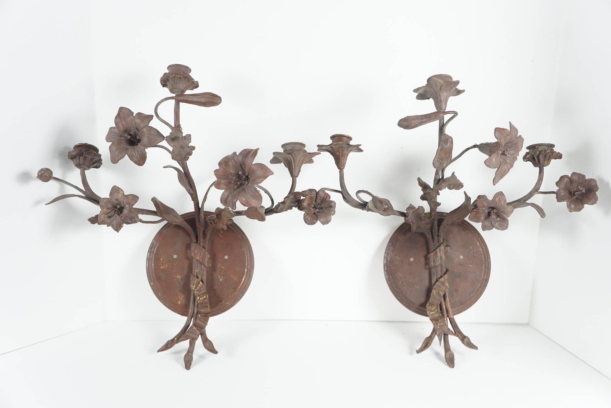Three-Light Tole Peinte French Floral Sconces from the Estate of Bunny Mellon 2