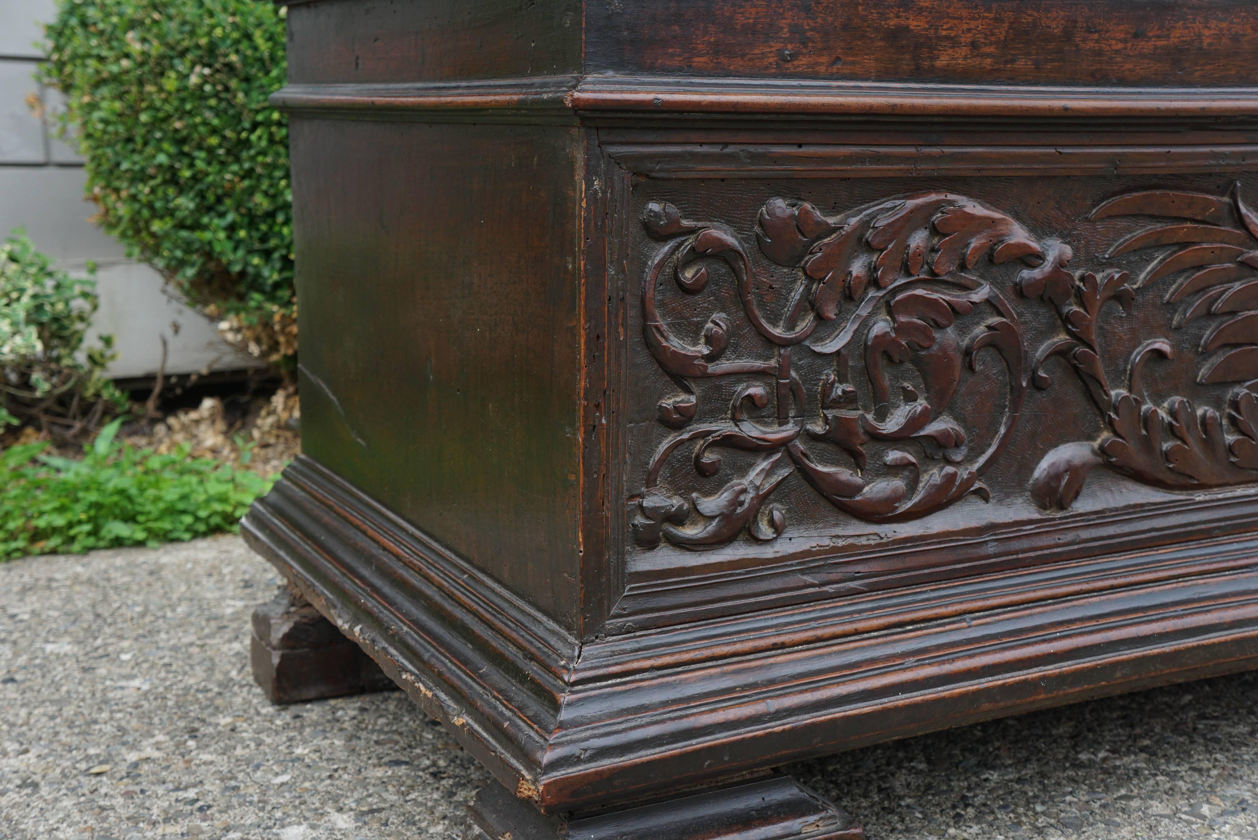 Hand-Carved Late 17th Century Tuscan Italian Walnut Cassone For Sale