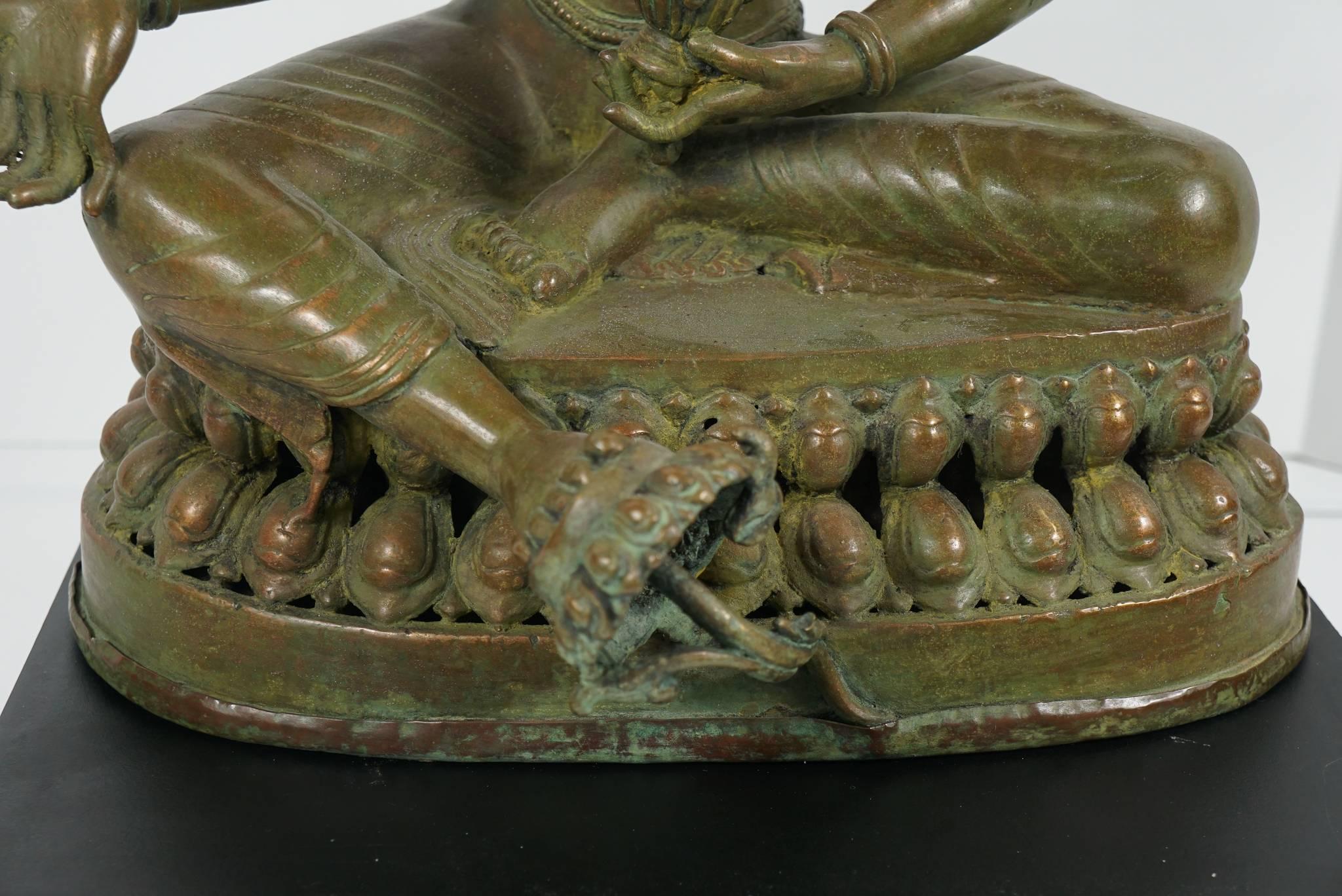 19th Century Tibetan Patinated Bronze Figure of Tara on New Black Base In Good Condition For Sale In Hudson, NY
