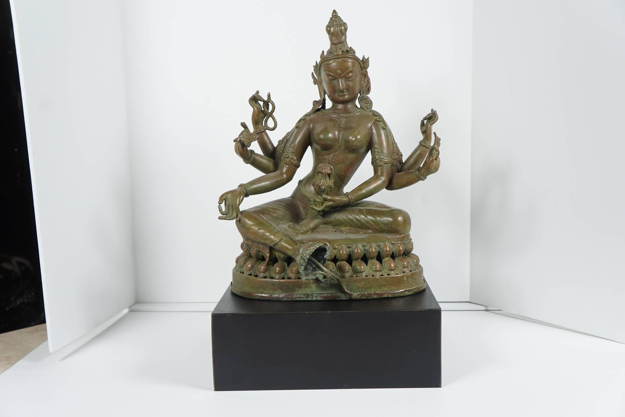 19th Century Tibetan Patinated Bronze Figure of Tara on New Black Base For Sale 2