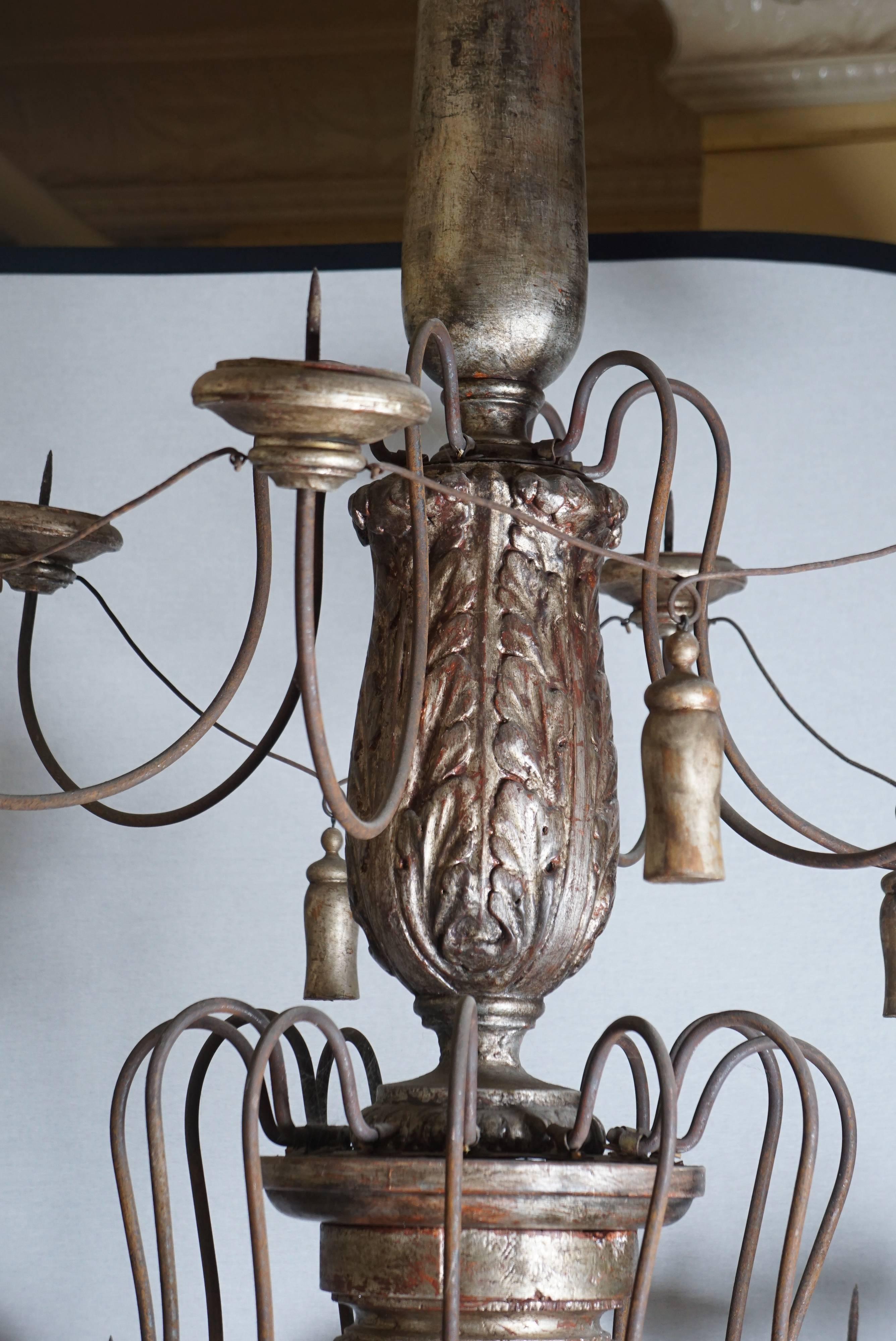 Iron Very Large Silver Leafed Carved Wood French Eighteen-Light Chandelier