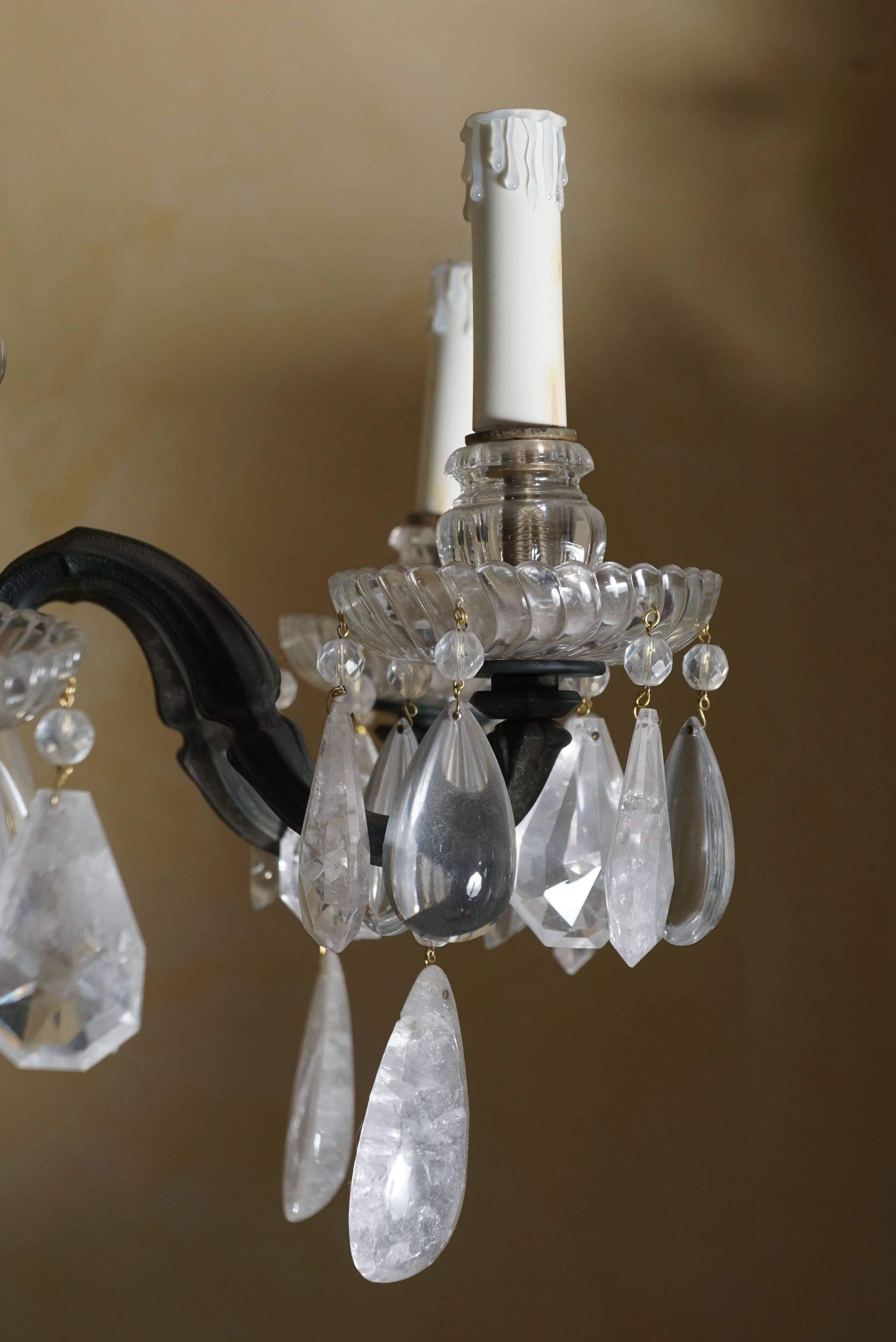 French Maison Baguès Bronze, Crystal and Rock Crystal Six-Light Chandelier