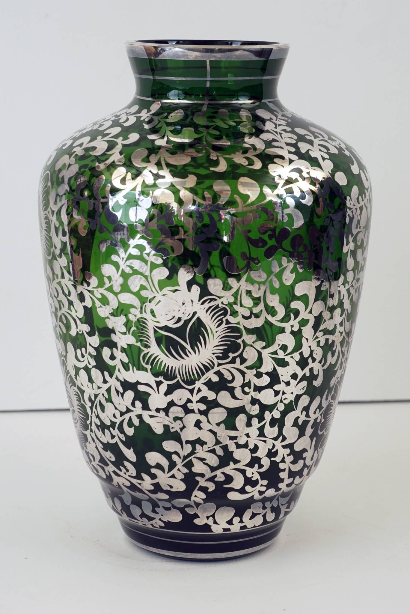 North American Silver Overlay Blown Green Glass Vase From the Estate Of Bunny Mellon