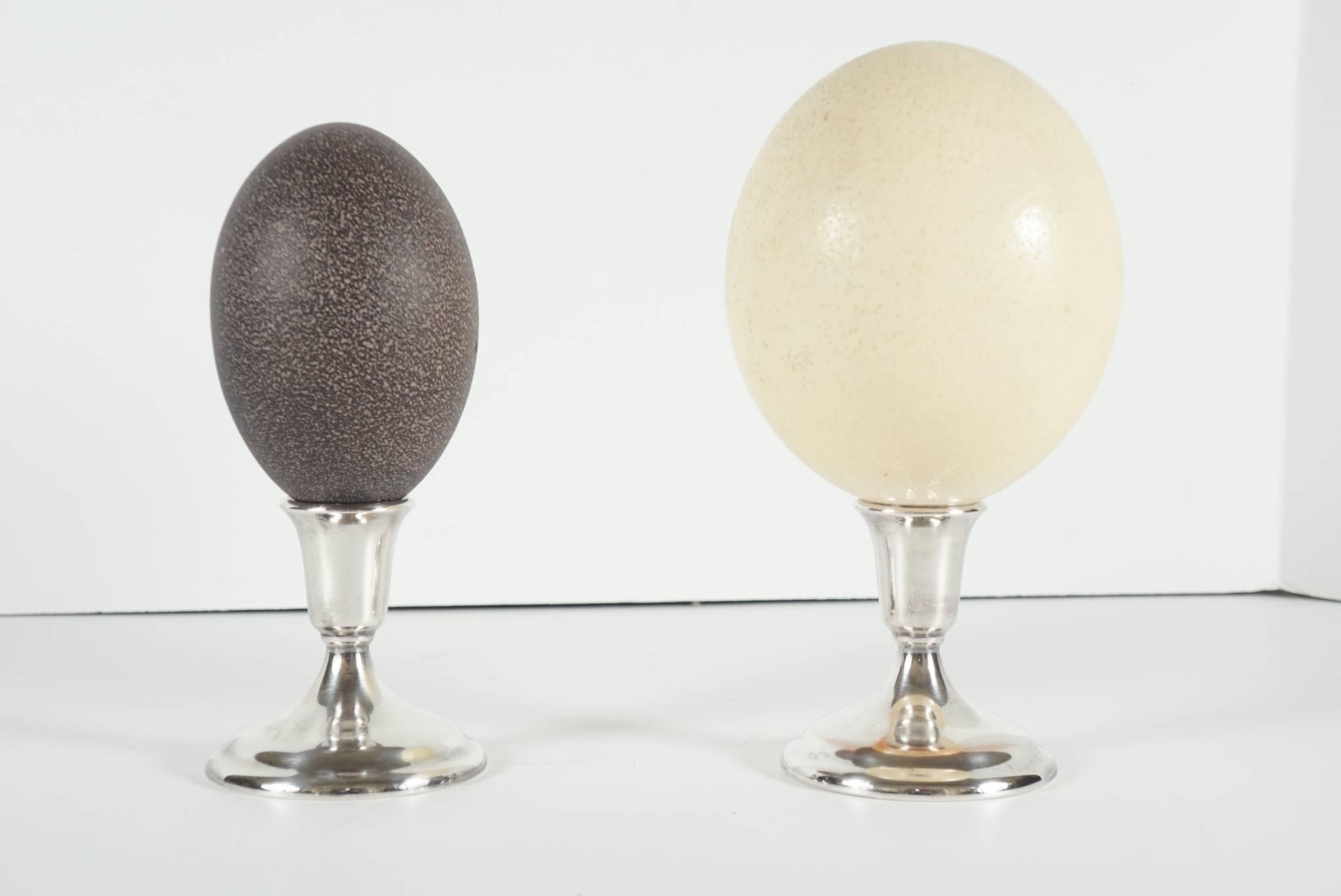 These eggs, one an ostrich the other an emu egg, are of nice size and color and have been mounted on silver plated bases. The bases are made in America. The objects came from an estate that contained a number of other similar items such as a pair of