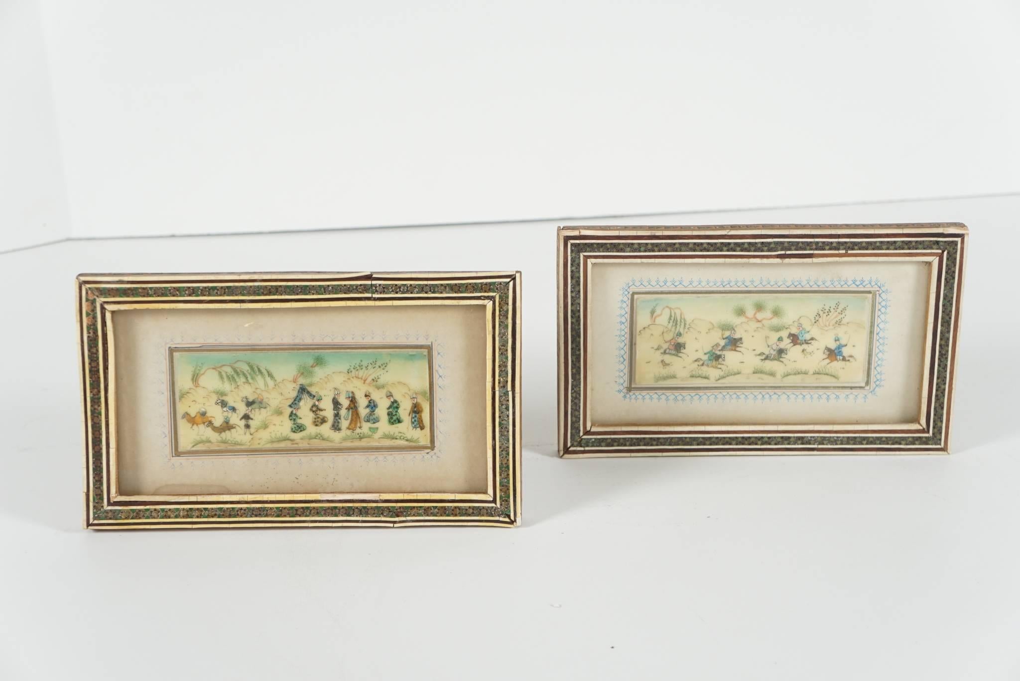 This pair of paintings set down in oil washes on large bone panels show figures on horse back and in procession all within landscape settings. The painting is well done and in an antique style. The frames made as companion pieces and presented as a