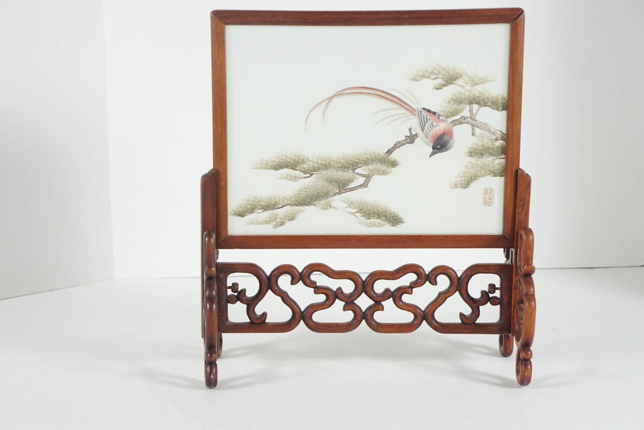 Chinese Silk Mesh and Needle Work Table Screen 3