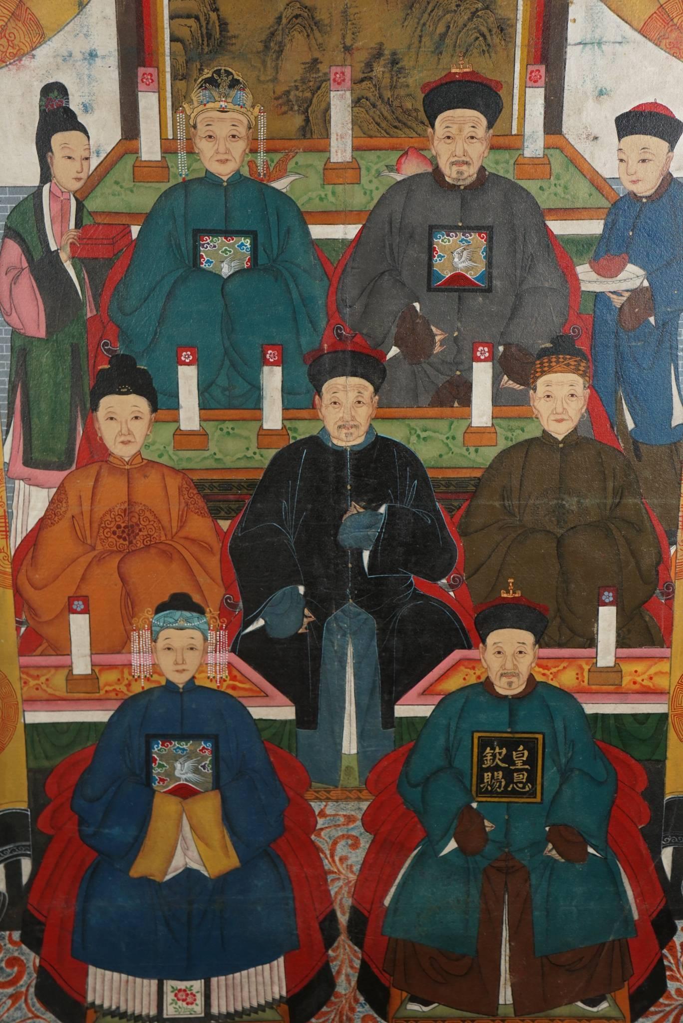This work unusual for being done in oil on canvas is from the late period of the Manchu Rule and may in fact be more about a desire for the glory days of Chinese imperial rule then a specific family portrait completed of living members of a clan.