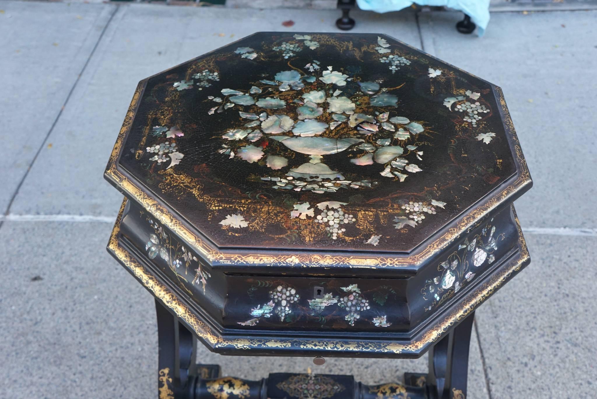 English Victorian Papier Mâché and Mother-of-Pearl Inlayed Work Table For Sale