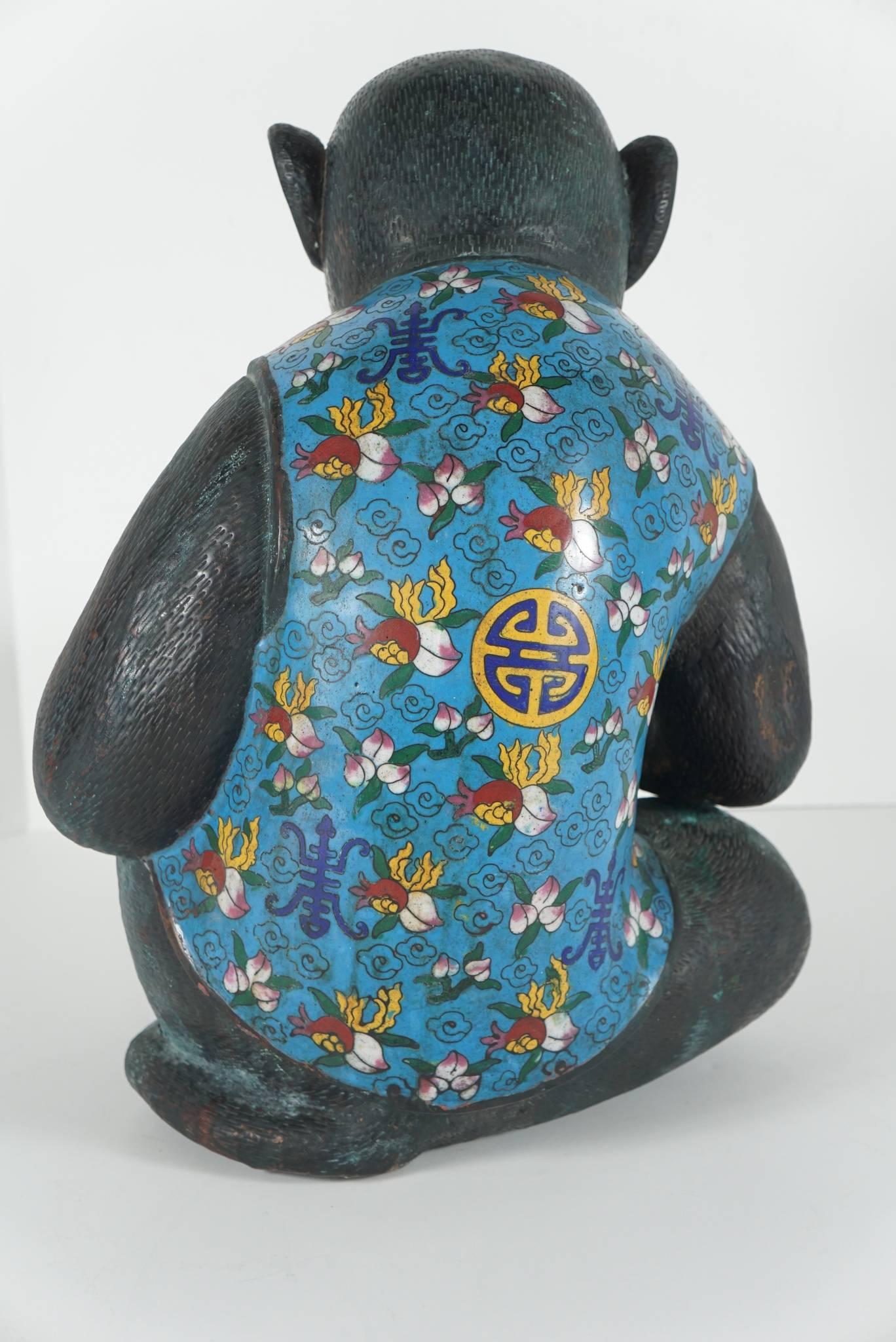 Pair of Republic Period Copper and Cloisonne Chinese Monkeys In Good Condition For Sale In Hudson, NY