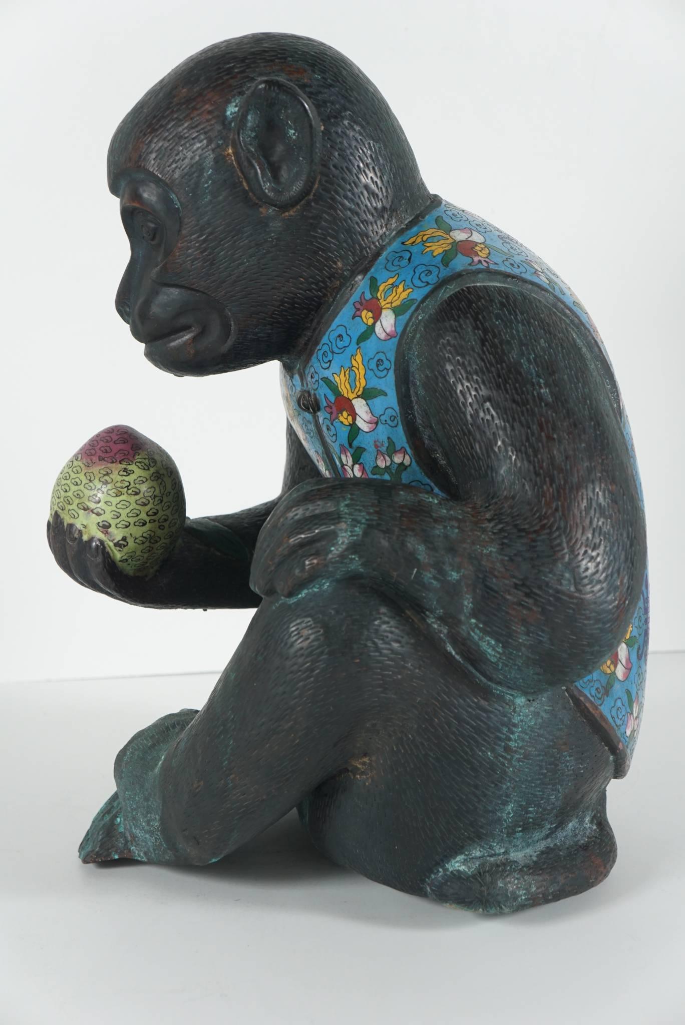 20th Century Pair of Republic Period Copper and Cloisonne Chinese Monkeys For Sale