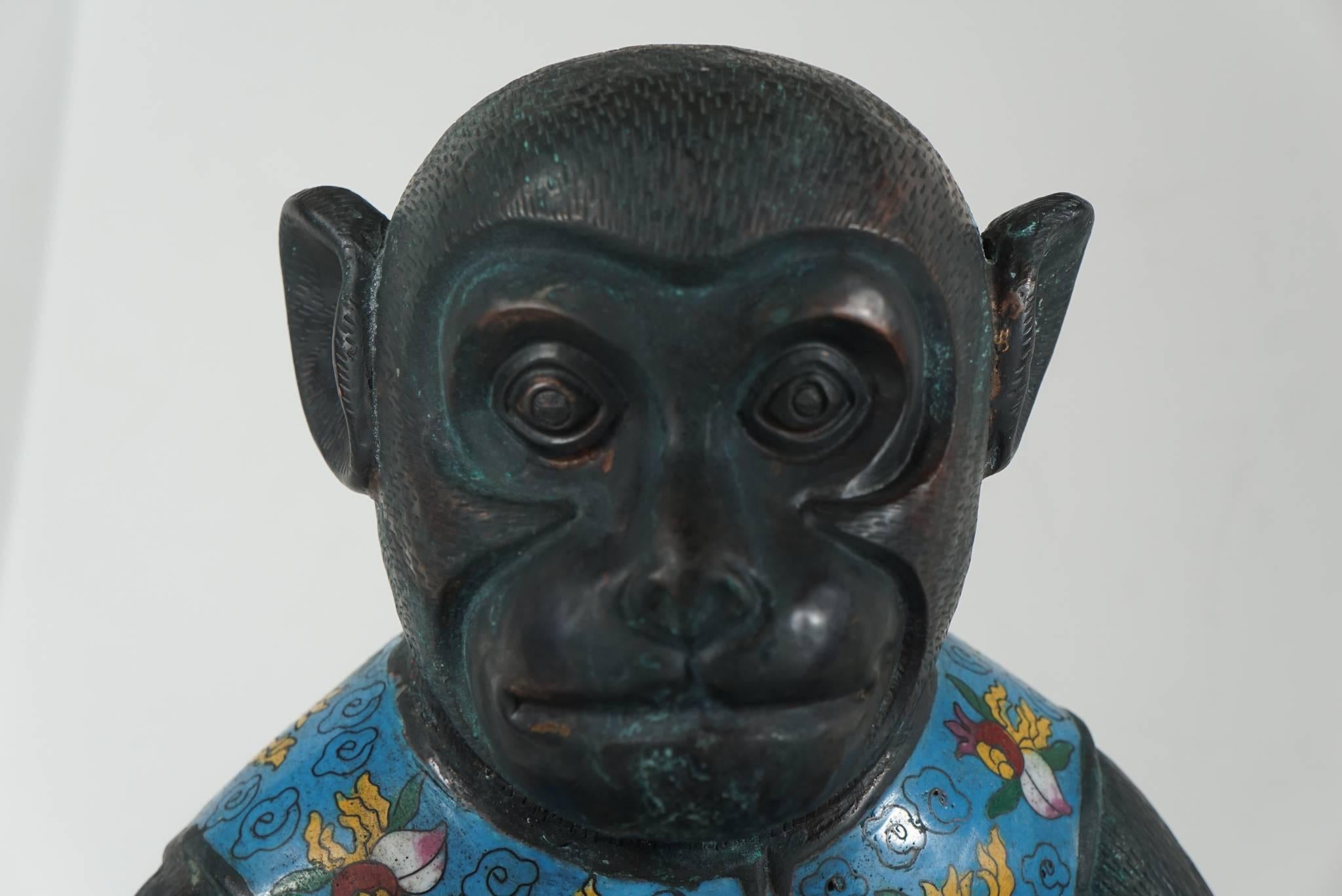 Pair of Republic Period Copper and Cloisonne Chinese Monkeys For Sale 1