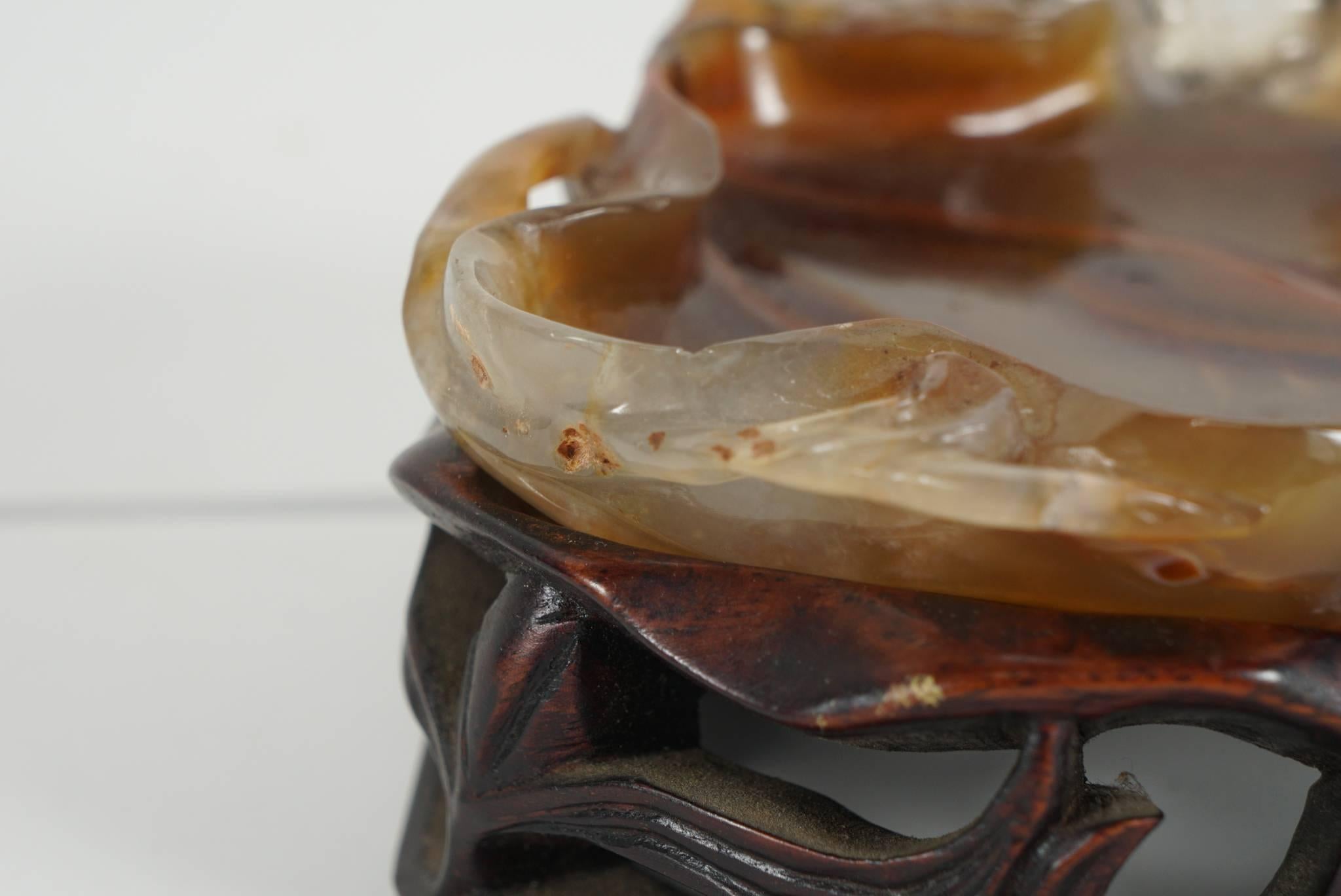 19th Century Late 19th-Early 20th Century Carved Chinese Agate Brush Washer on Rosewood Stand