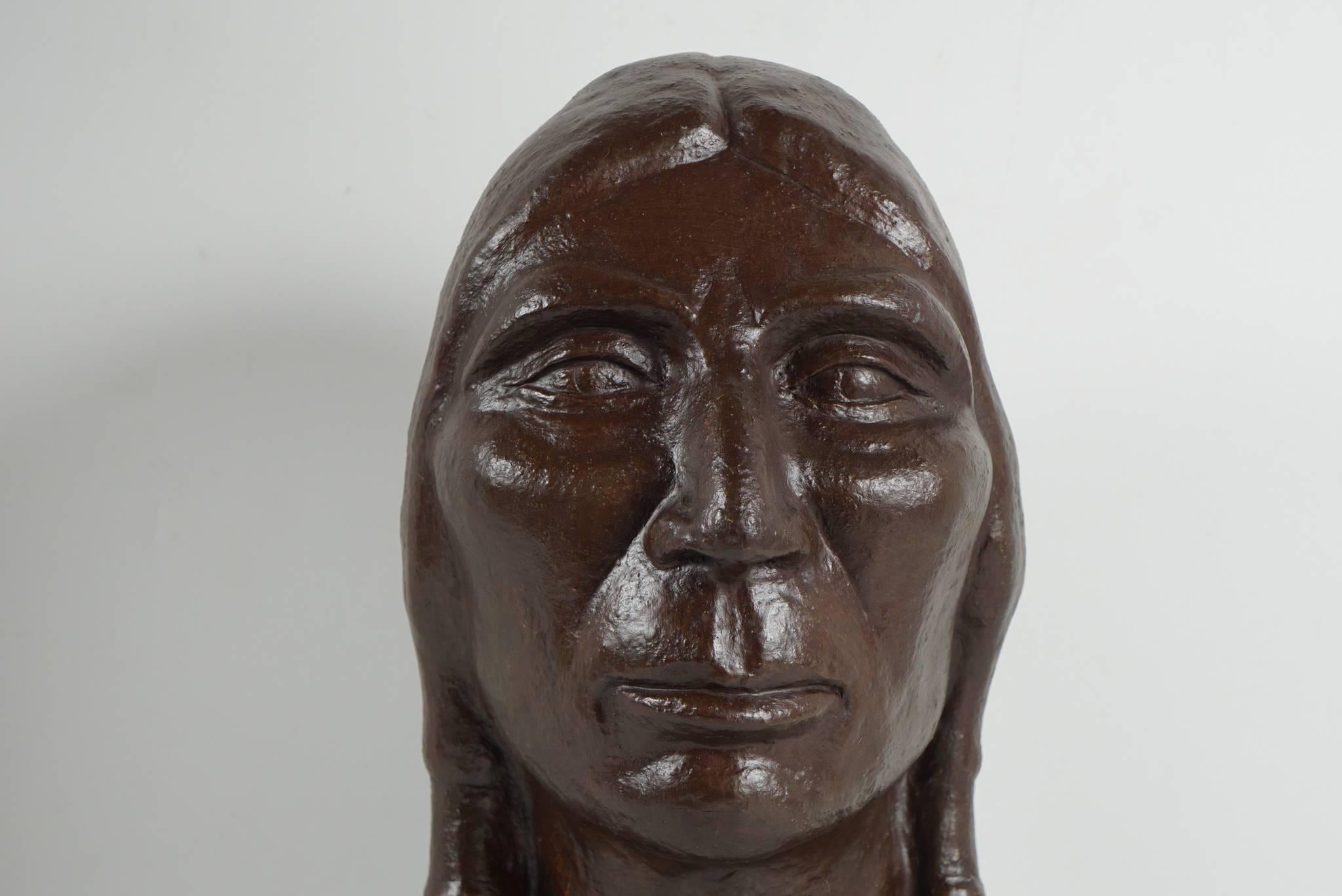 North American Early 20th Century Bronzed Plaster Head of an American Indian For Sale