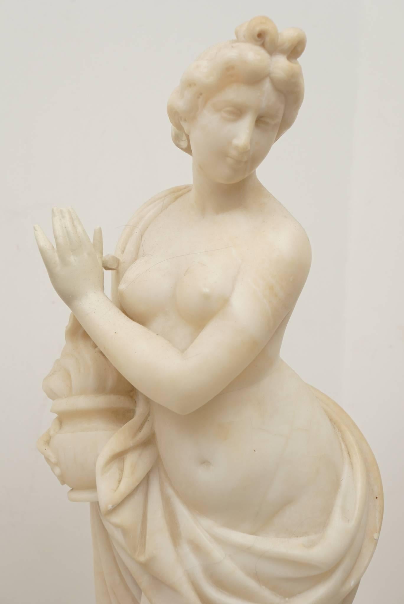 Neoclassical Pair of 19th Century Carved Alabaster Statues of Classically Draped Females
