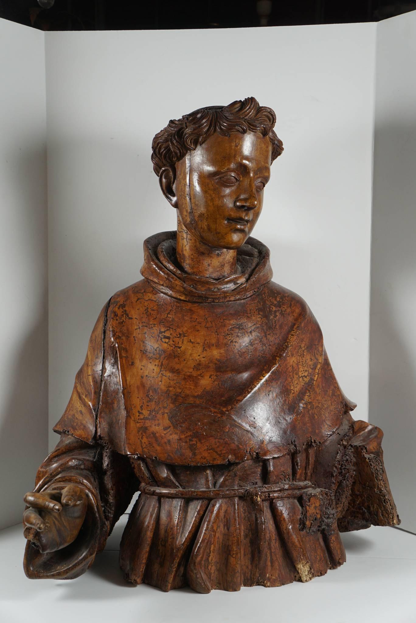 Renaissance Lifesize Sienese Wood Carved Bust of a Monk, circa 1580-1600